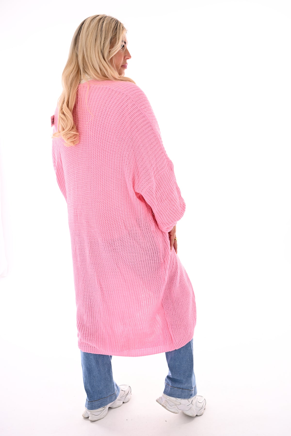 Lang gebreid vest met zakken lichtroze