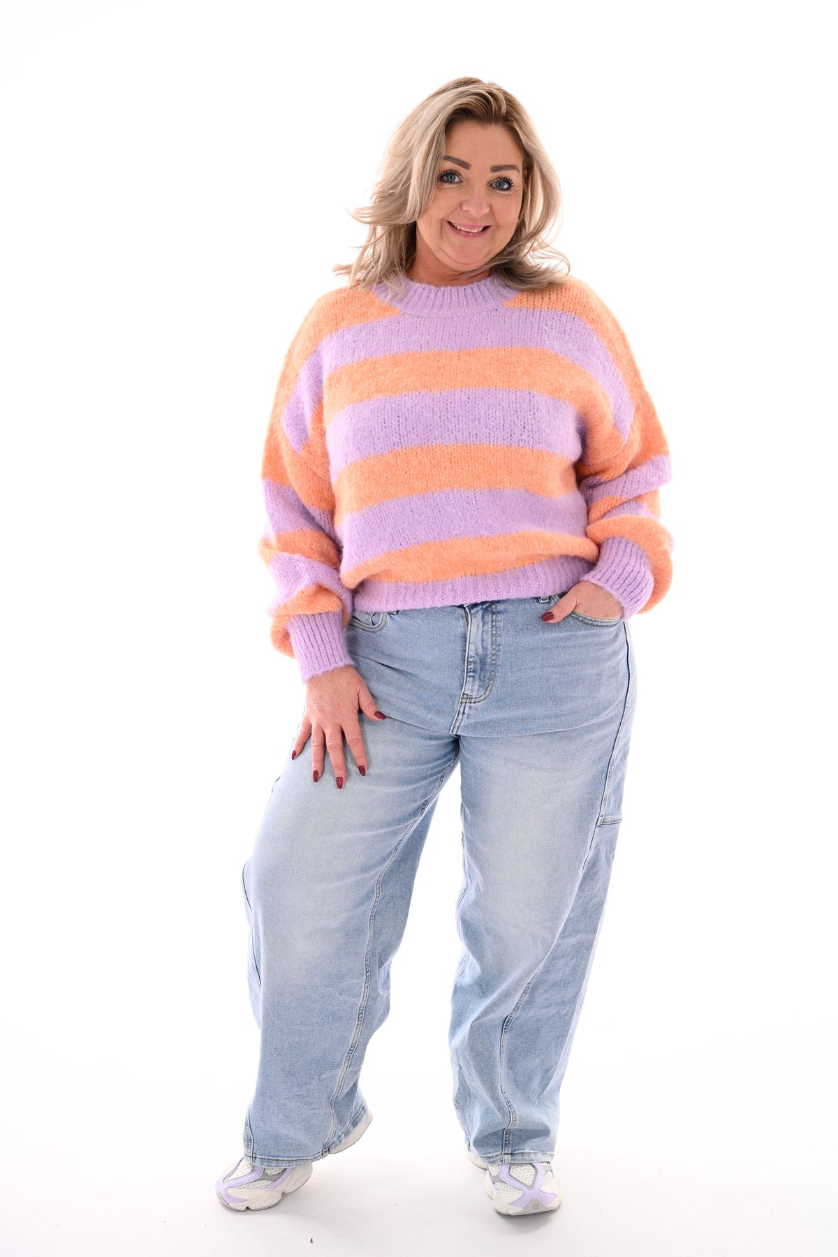Gebreide trui strepen en pofmouwen lila/peach