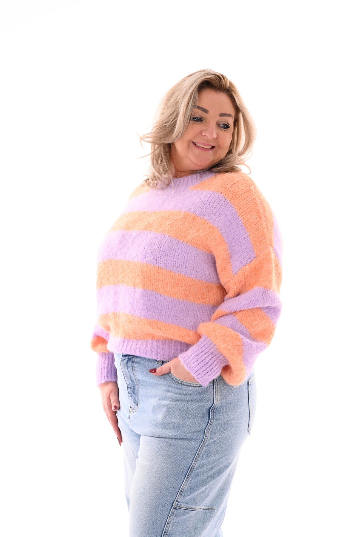 Gebreide trui strepen en pofmouwen lila/peach