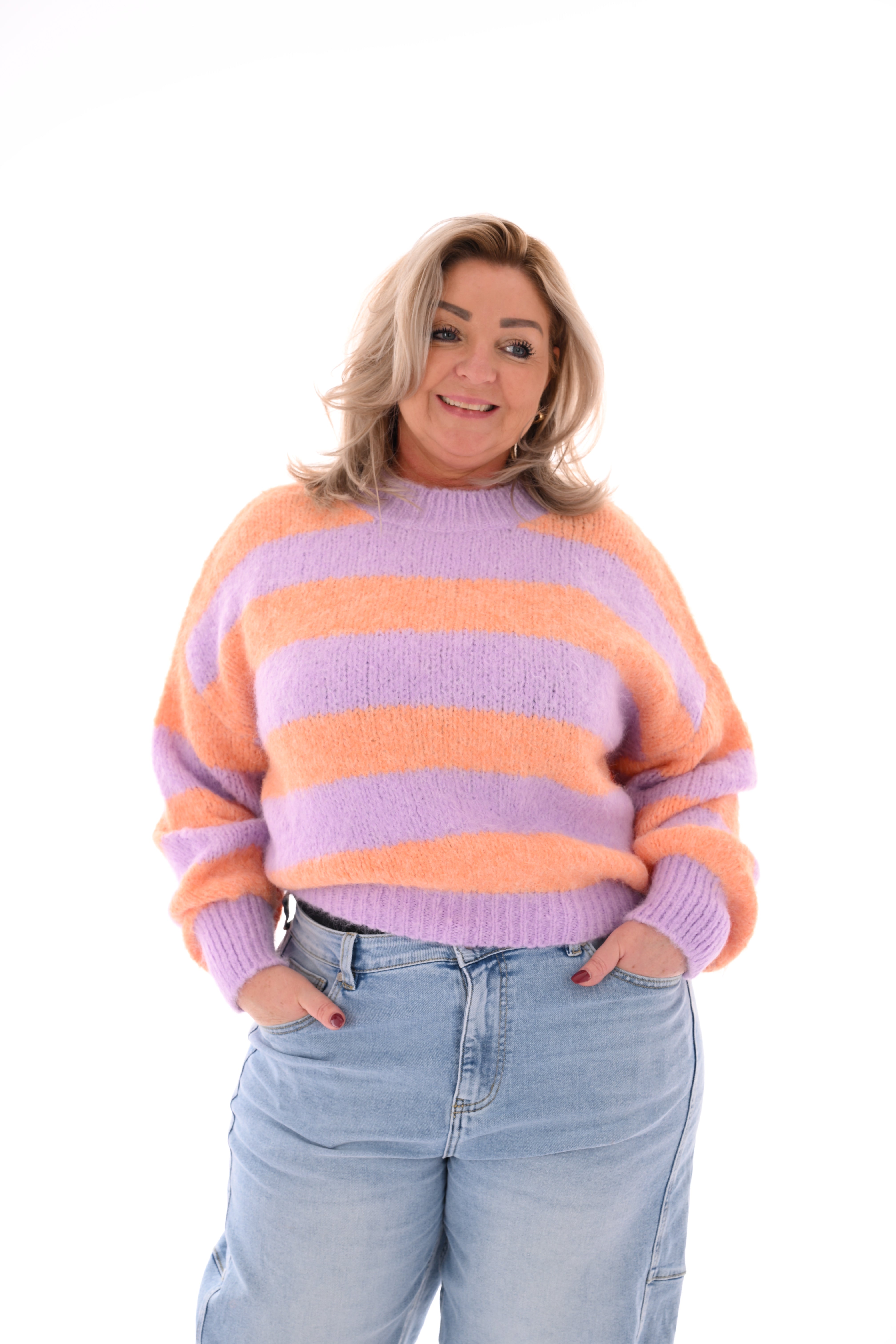 Gebreide trui strepen en pofmouwen lila/peach