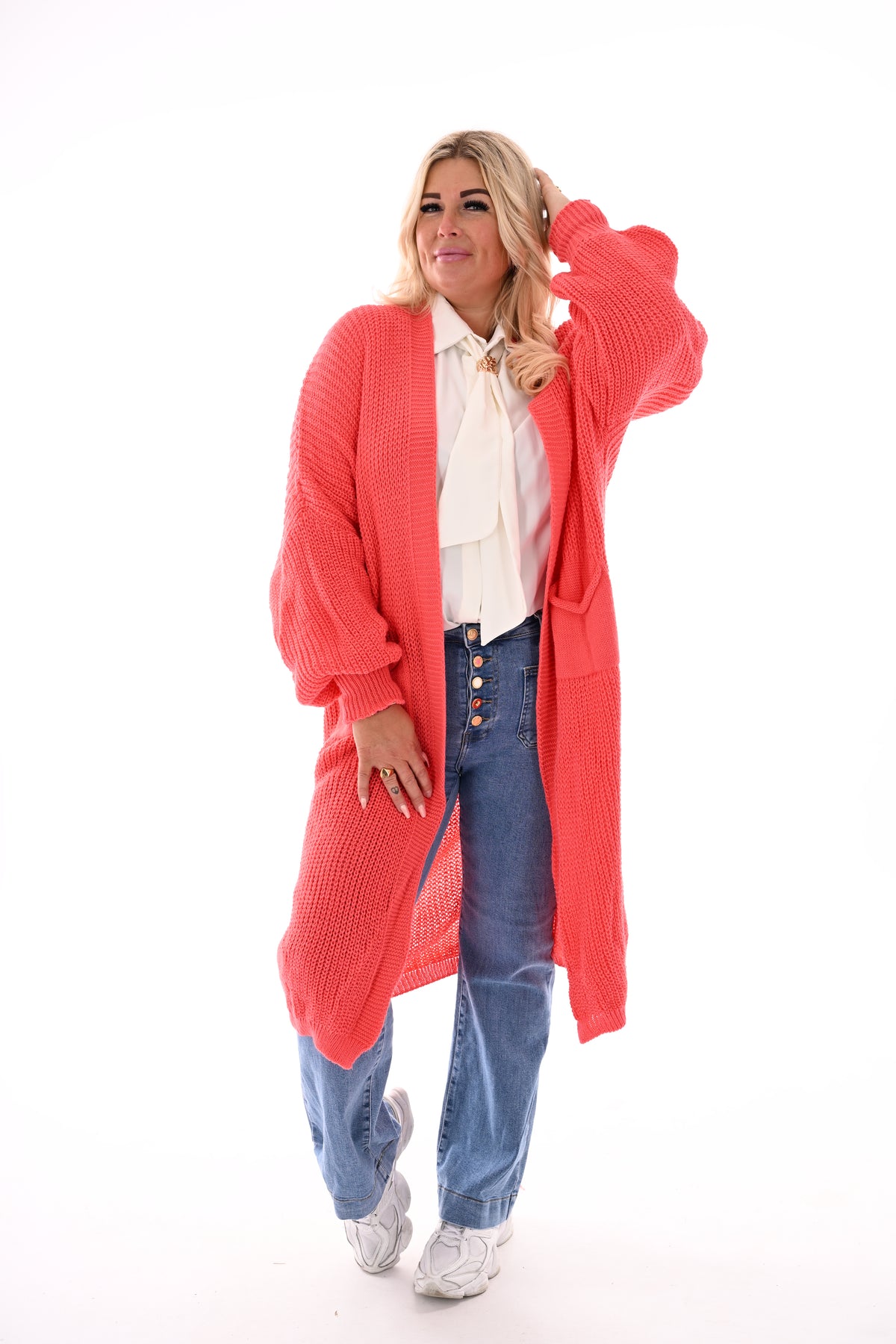 Lang gebreid vest met zakken feloranje