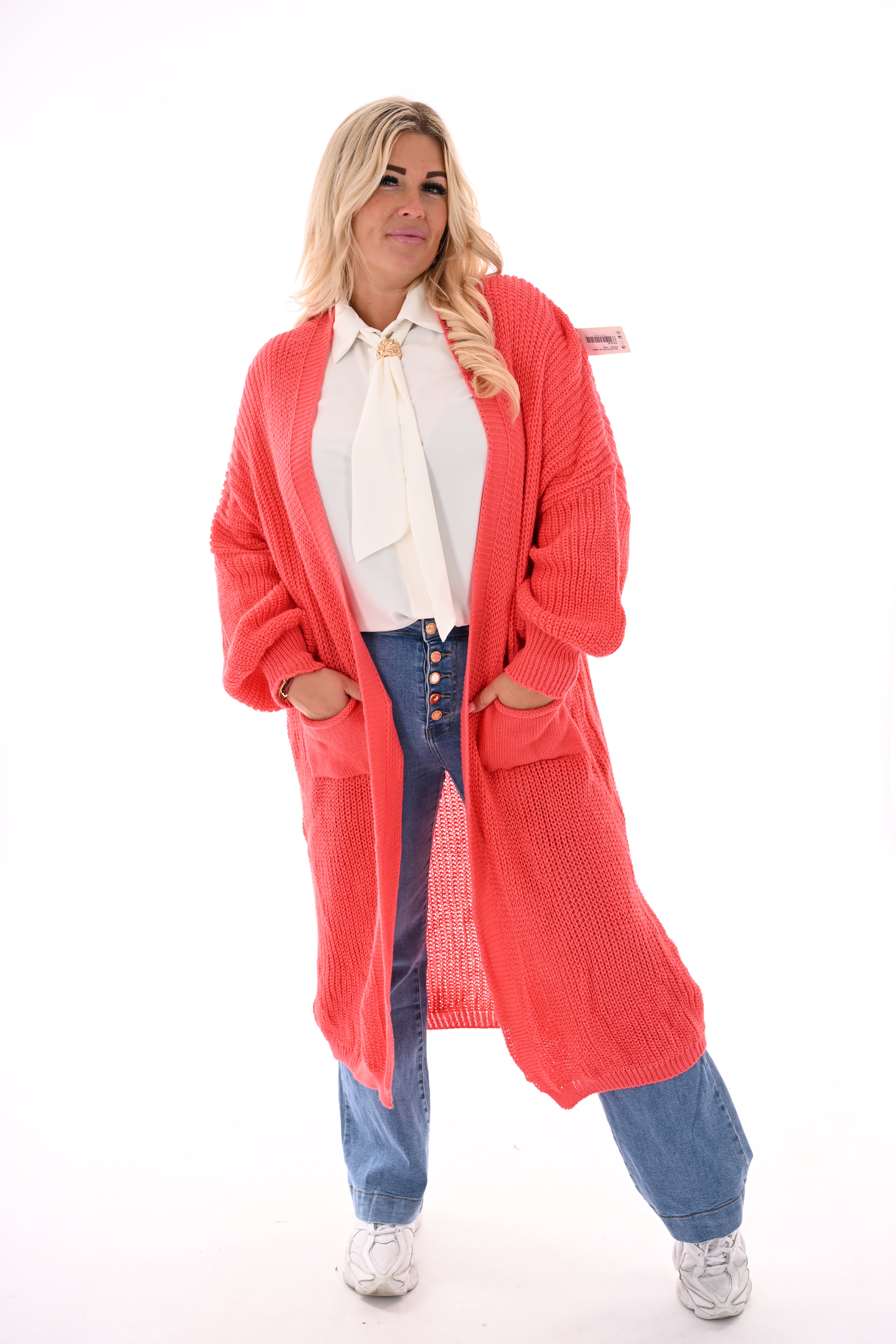 Lang gebreid vest met zakken feloranje