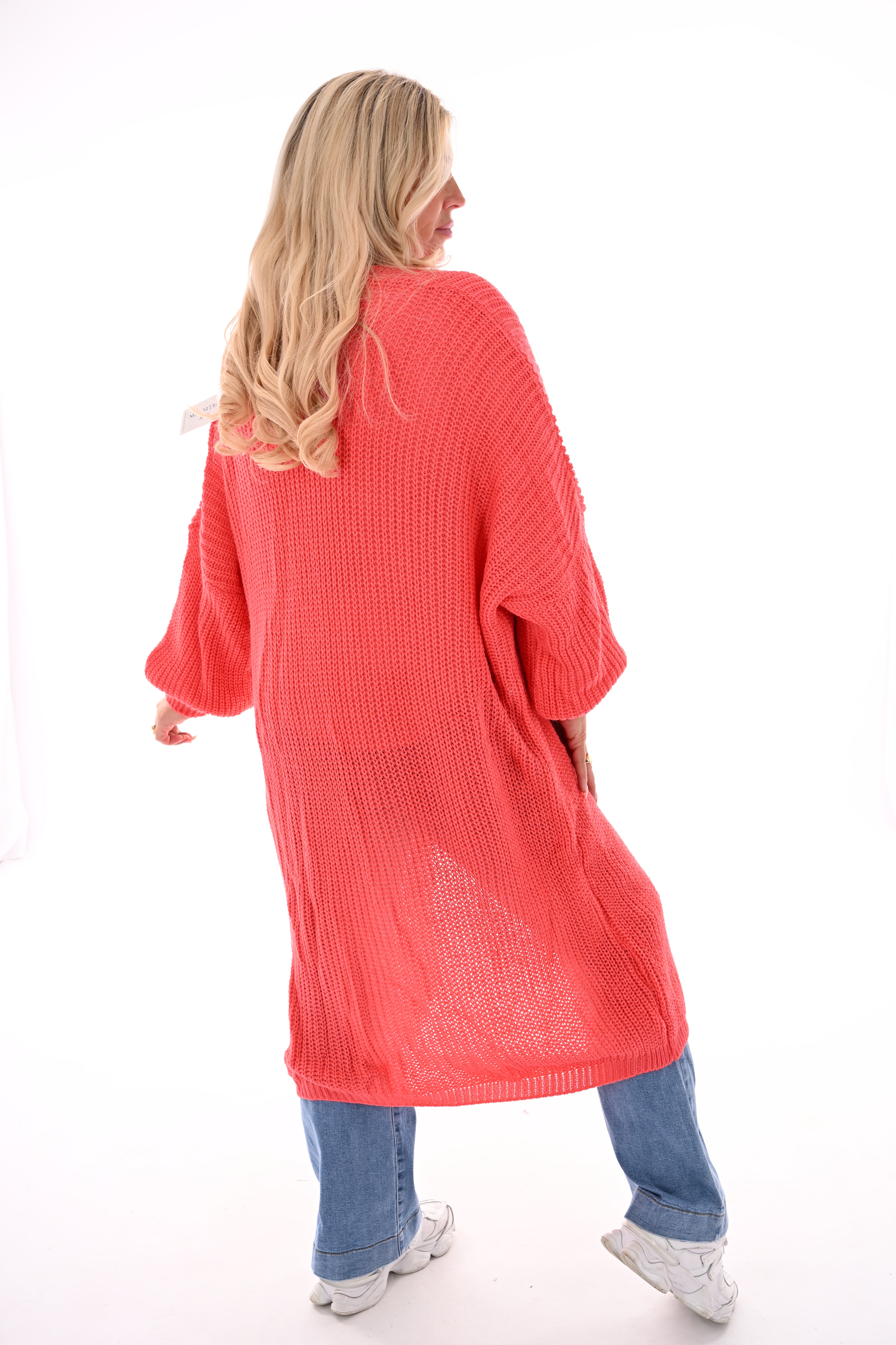 Lang gebreid vest met zakken feloranje