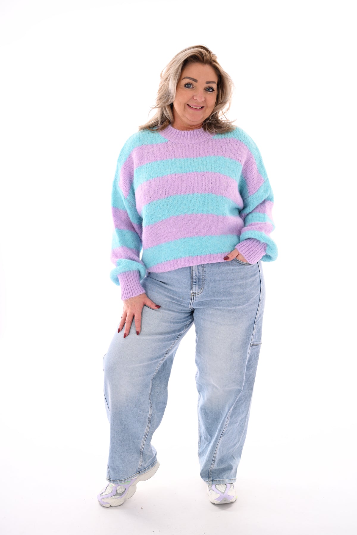 Gebreide trui strepen en pofmouwen lila/turquoise