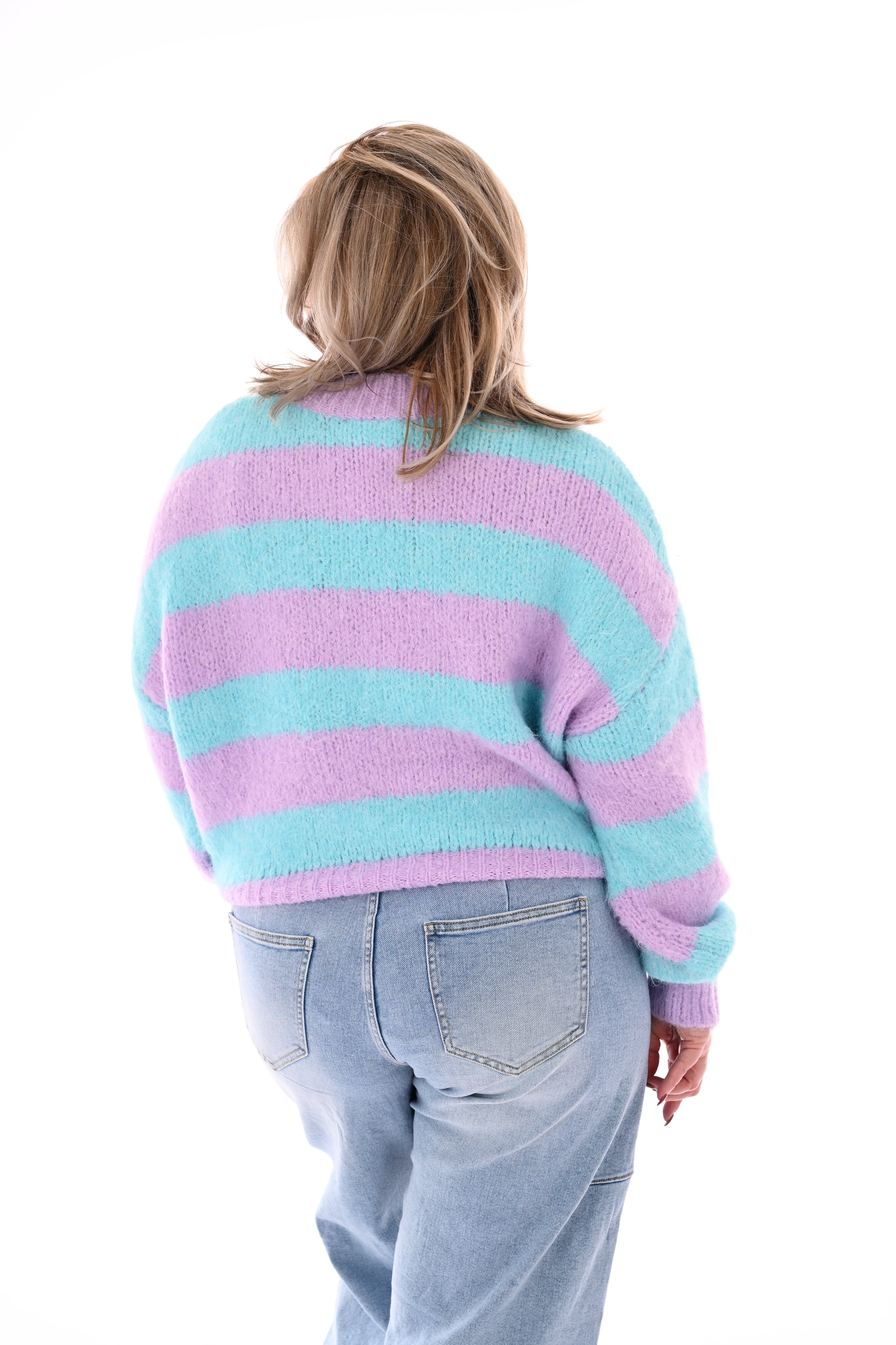Gebreide trui strepen en pofmouwen lila/turquoise
