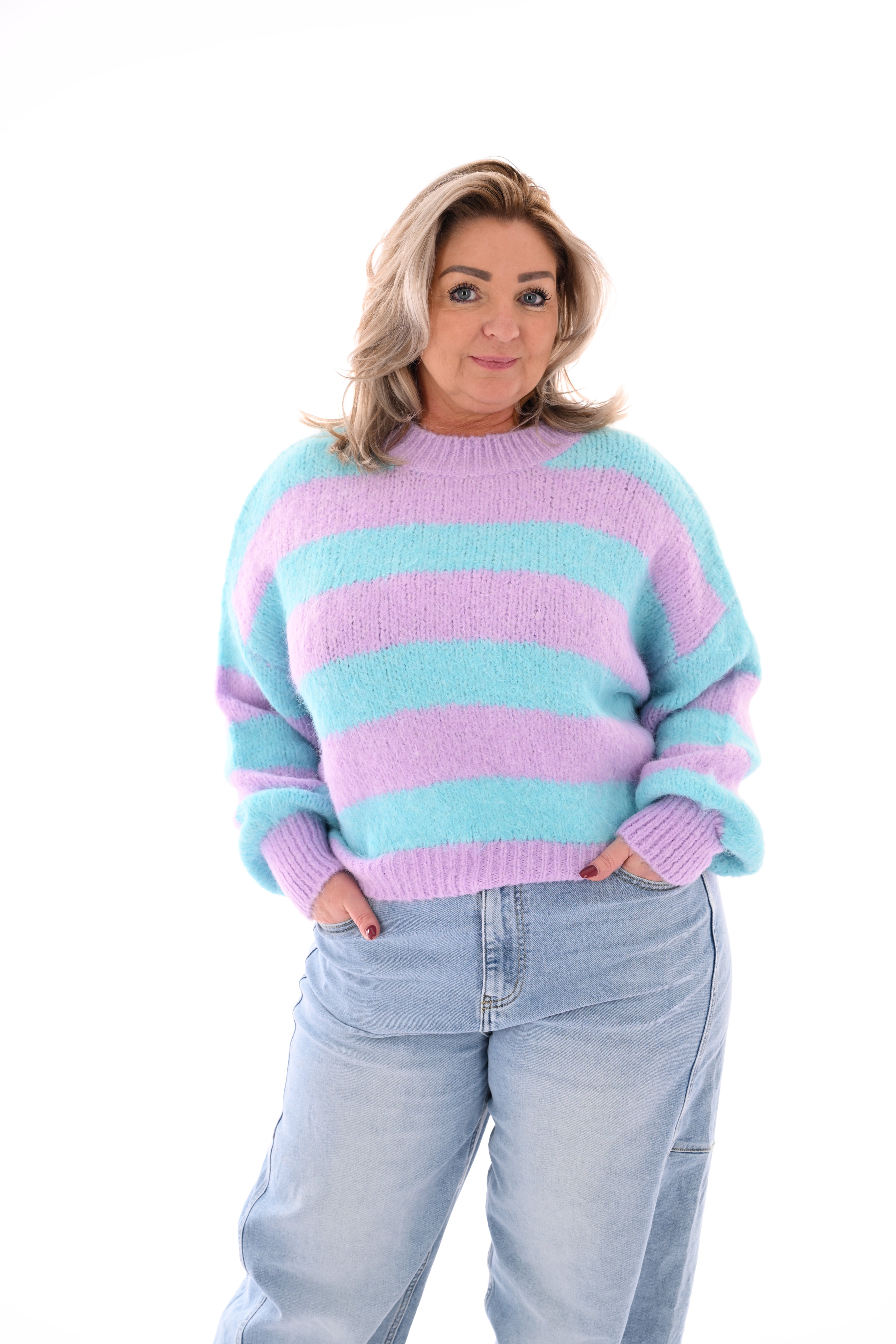 Gebreide trui strepen en pofmouwen lila/turquoise