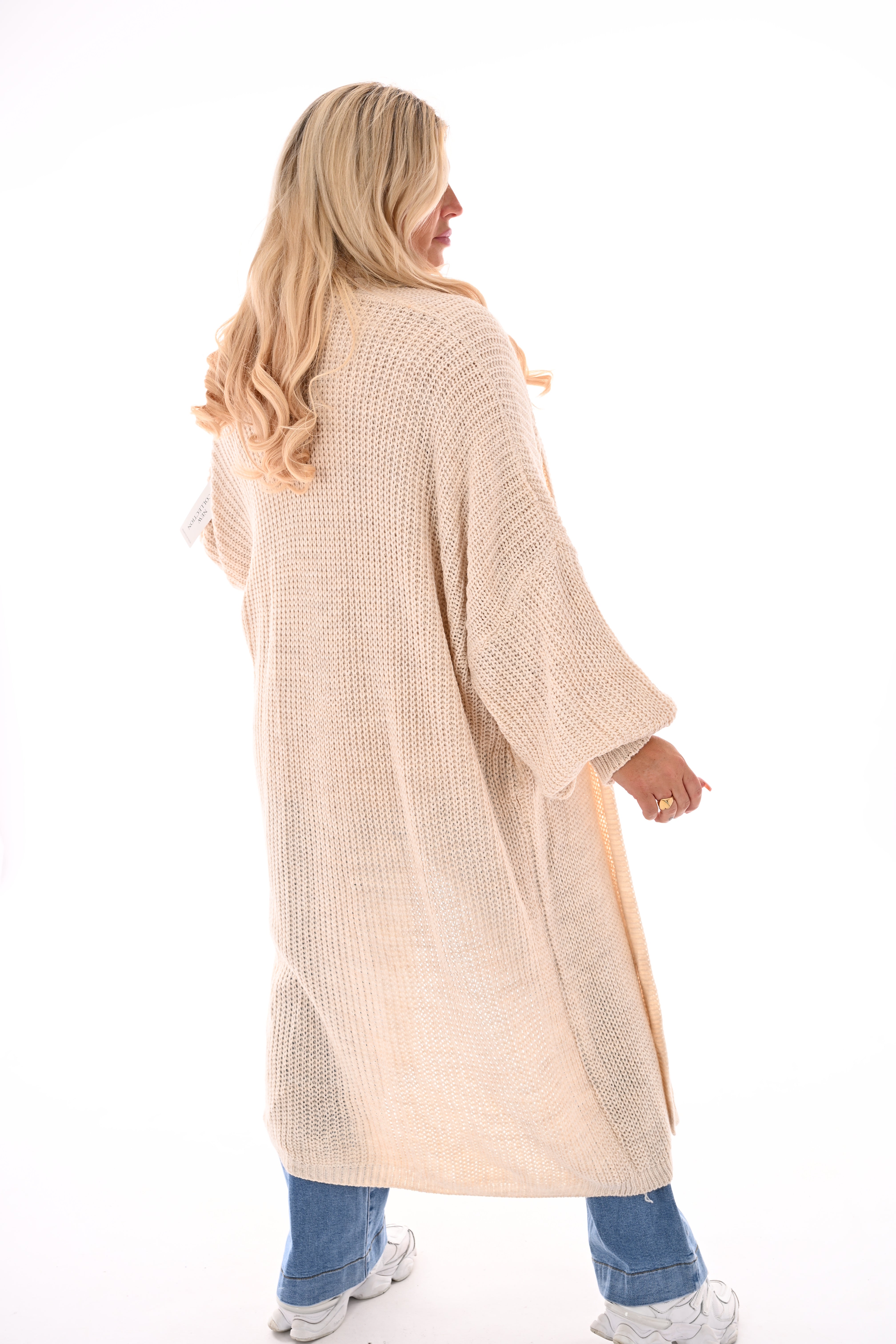 Lang gebreid vest met zakken beige