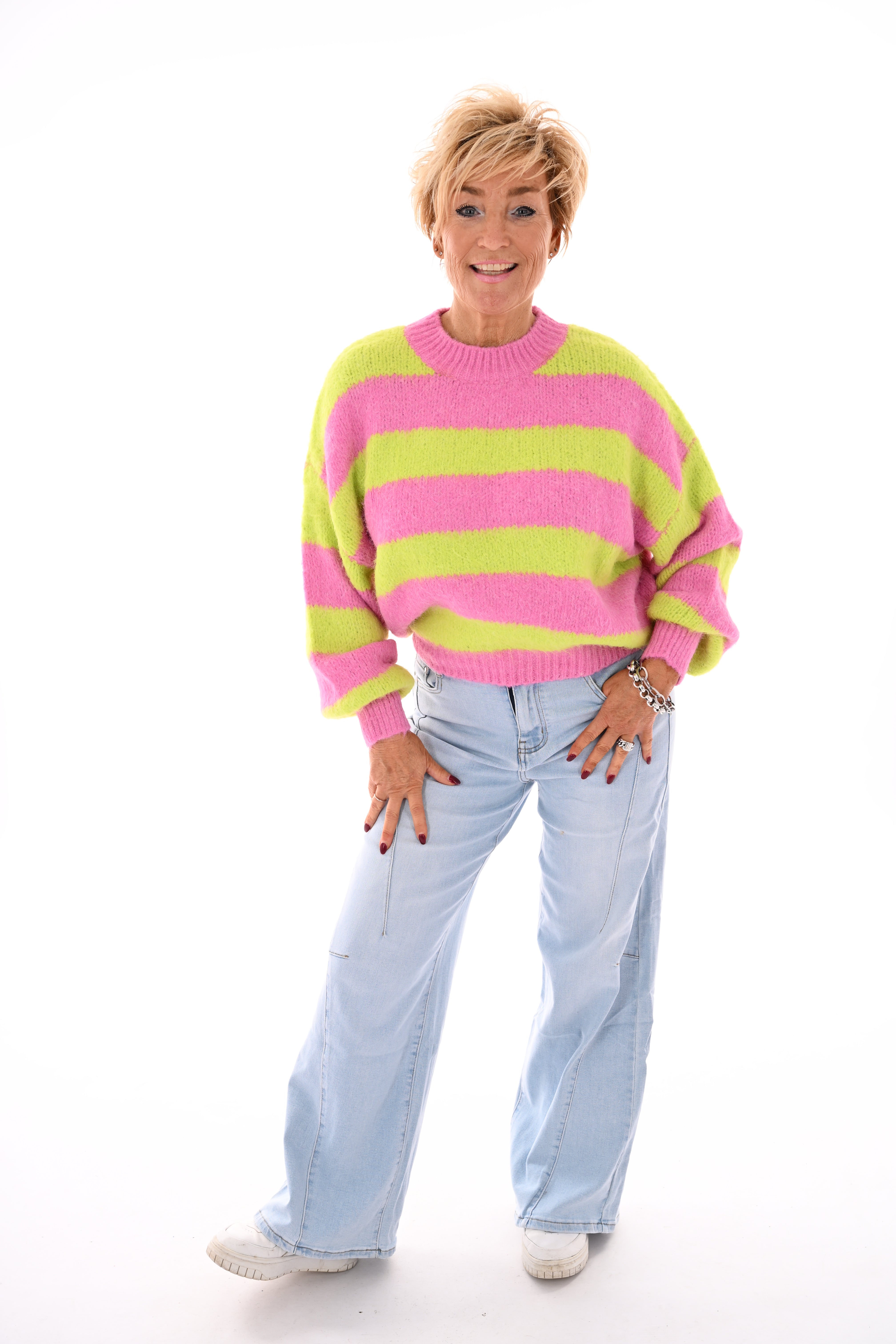 Gebreide trui strepen en pofmouwen lime/roze