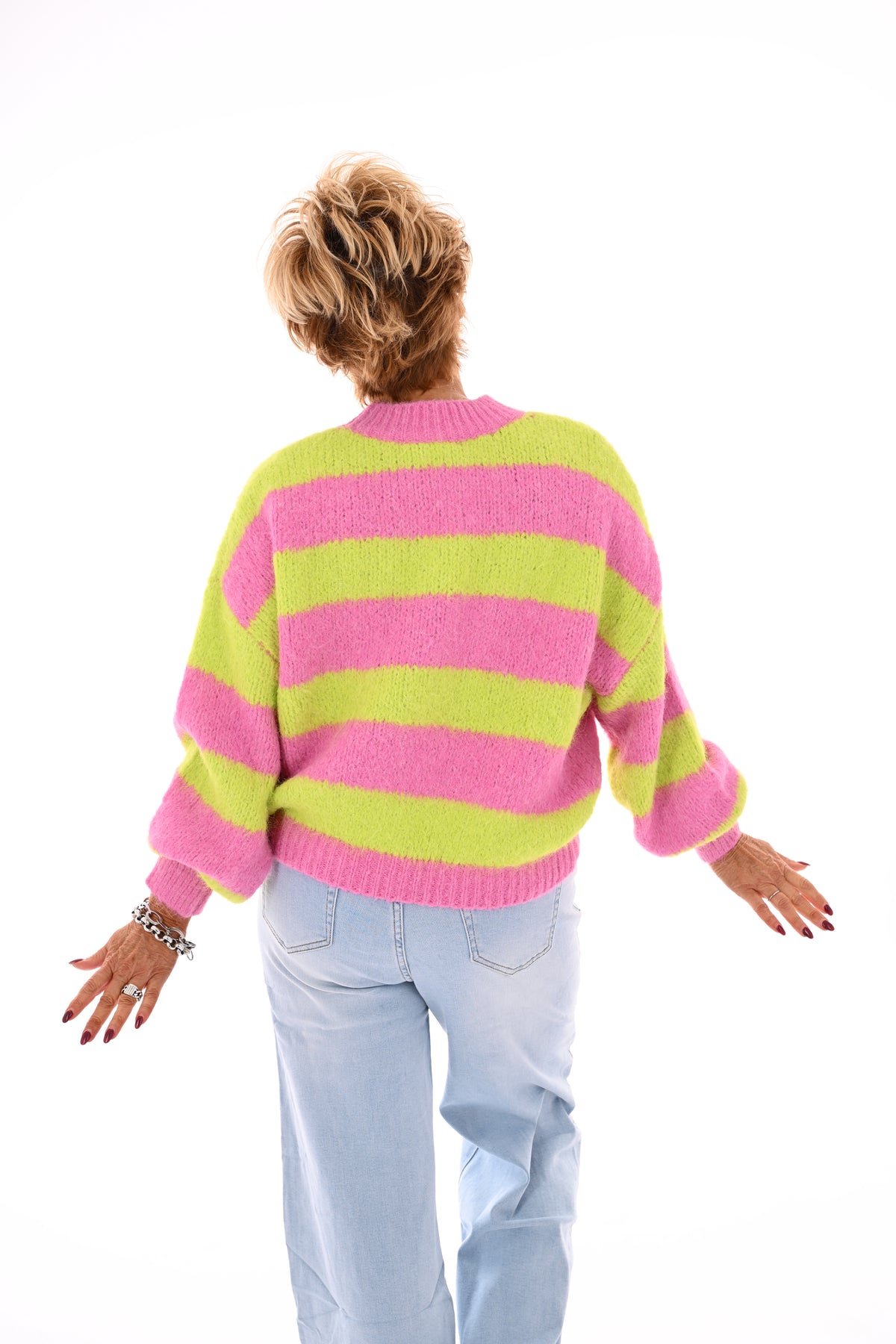 Gebreide trui strepen en pofmouwen lime/roze