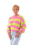 Gebreide trui strepen en pofmouwen lime/roze