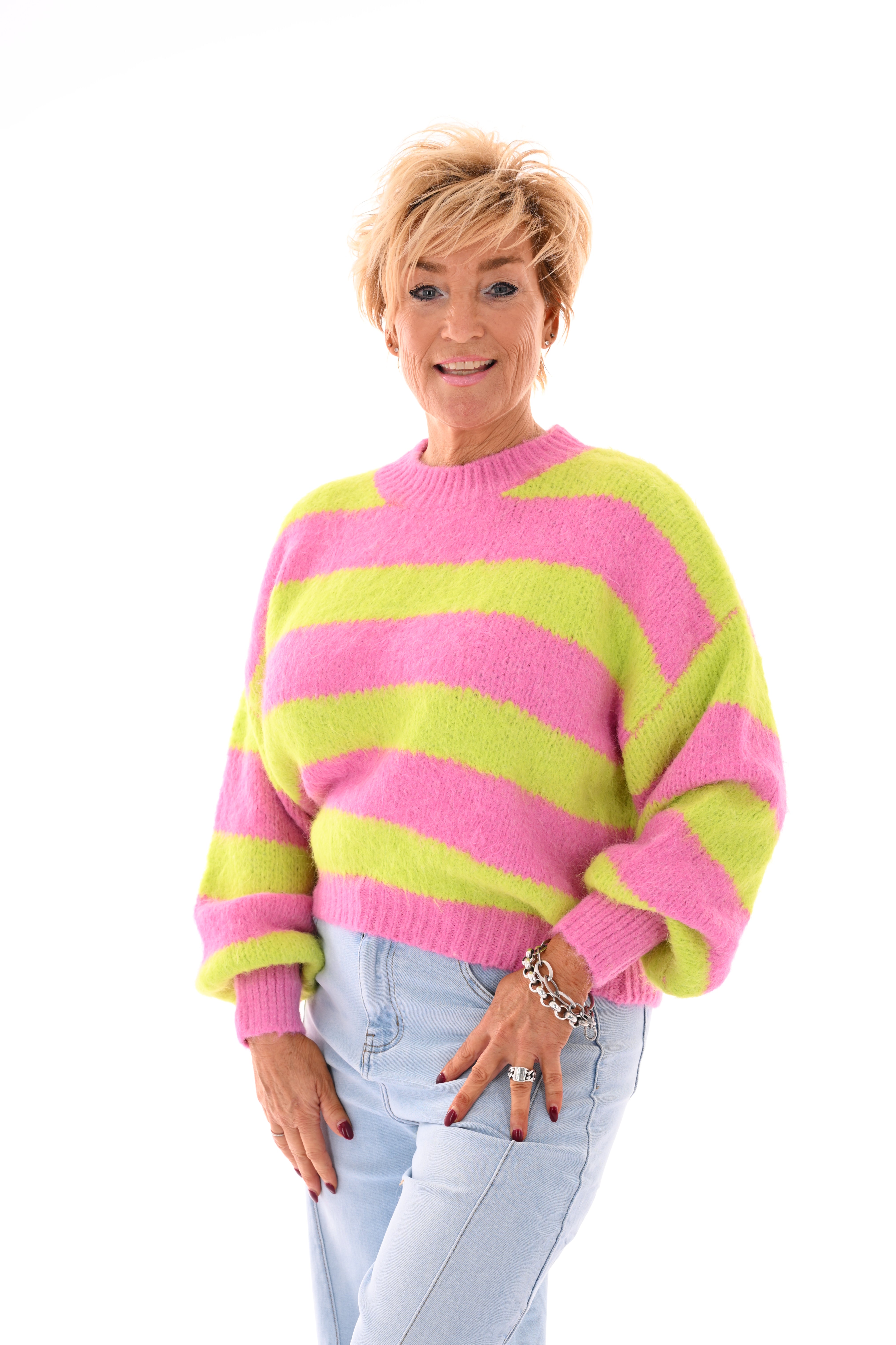 Gebreide trui strepen en pofmouwen lime/roze