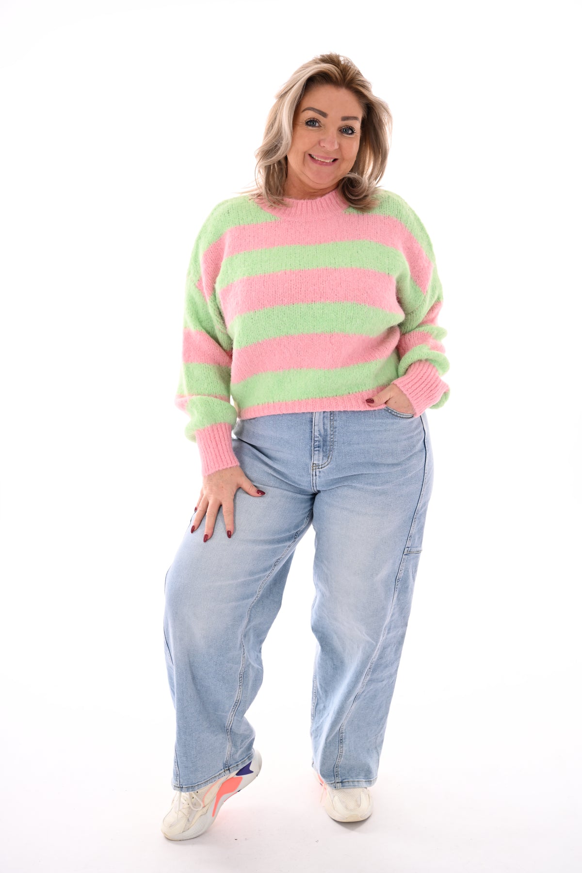 Gebreide trui strepen en pofmouwen lichtroze/lichtgroen