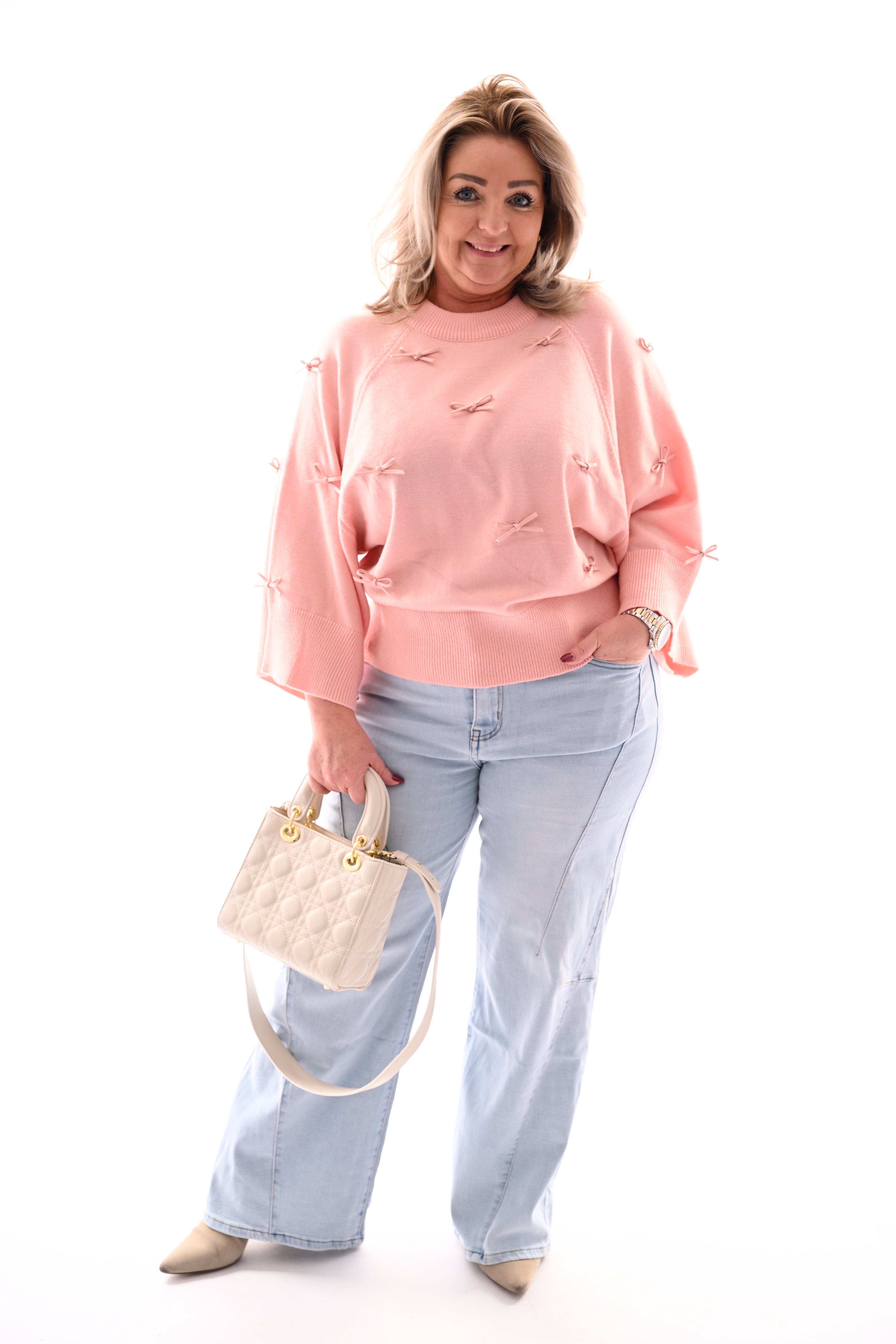 Trui 3/4e mouwen met strikjes lichtroze