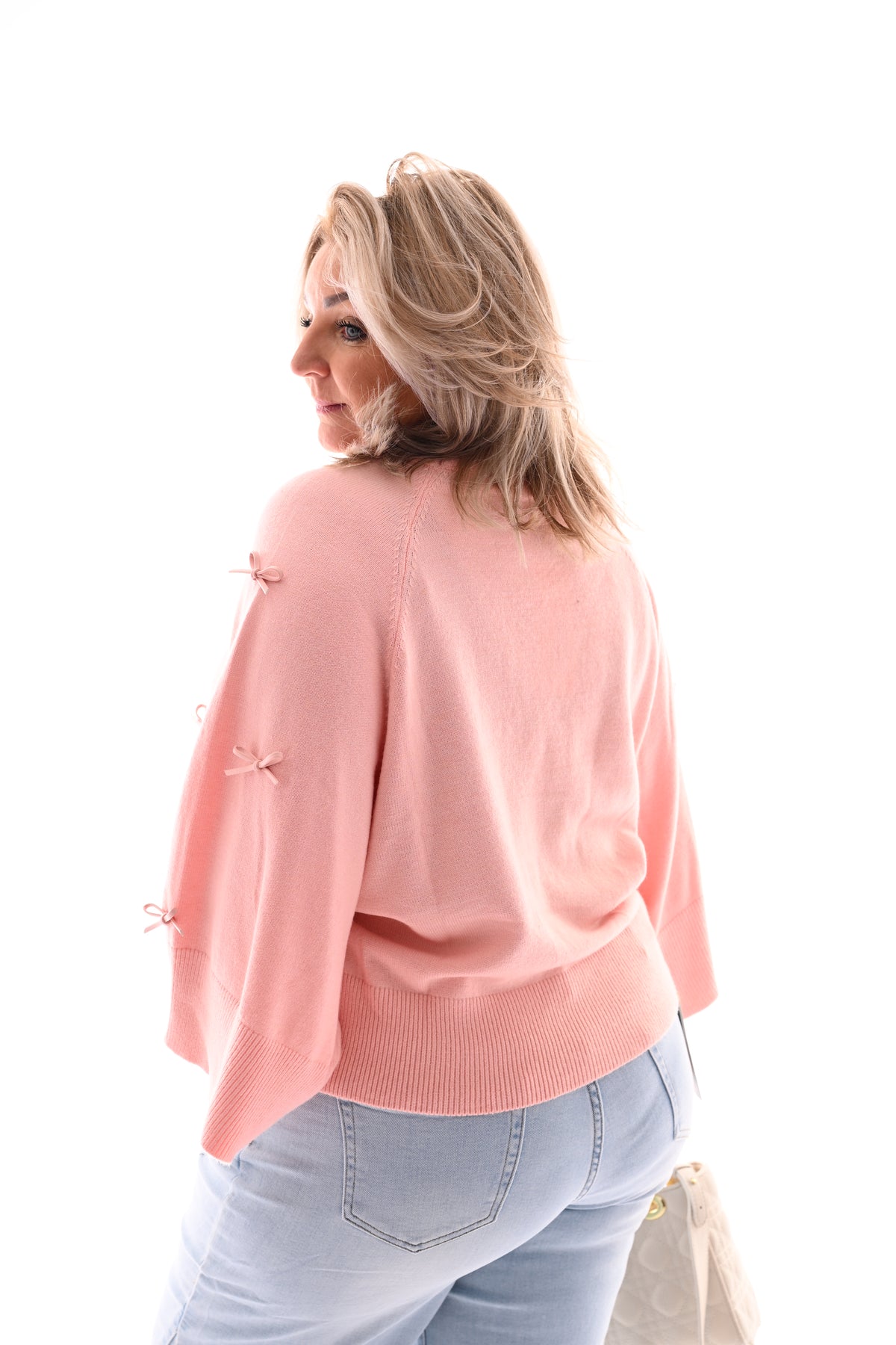 Trui 3/4e mouwen met strikjes lichtroze