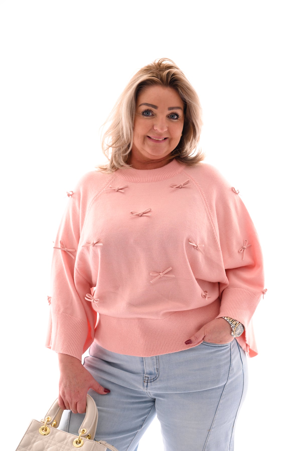 Trui 3/4e mouwen met strikjes lichtroze