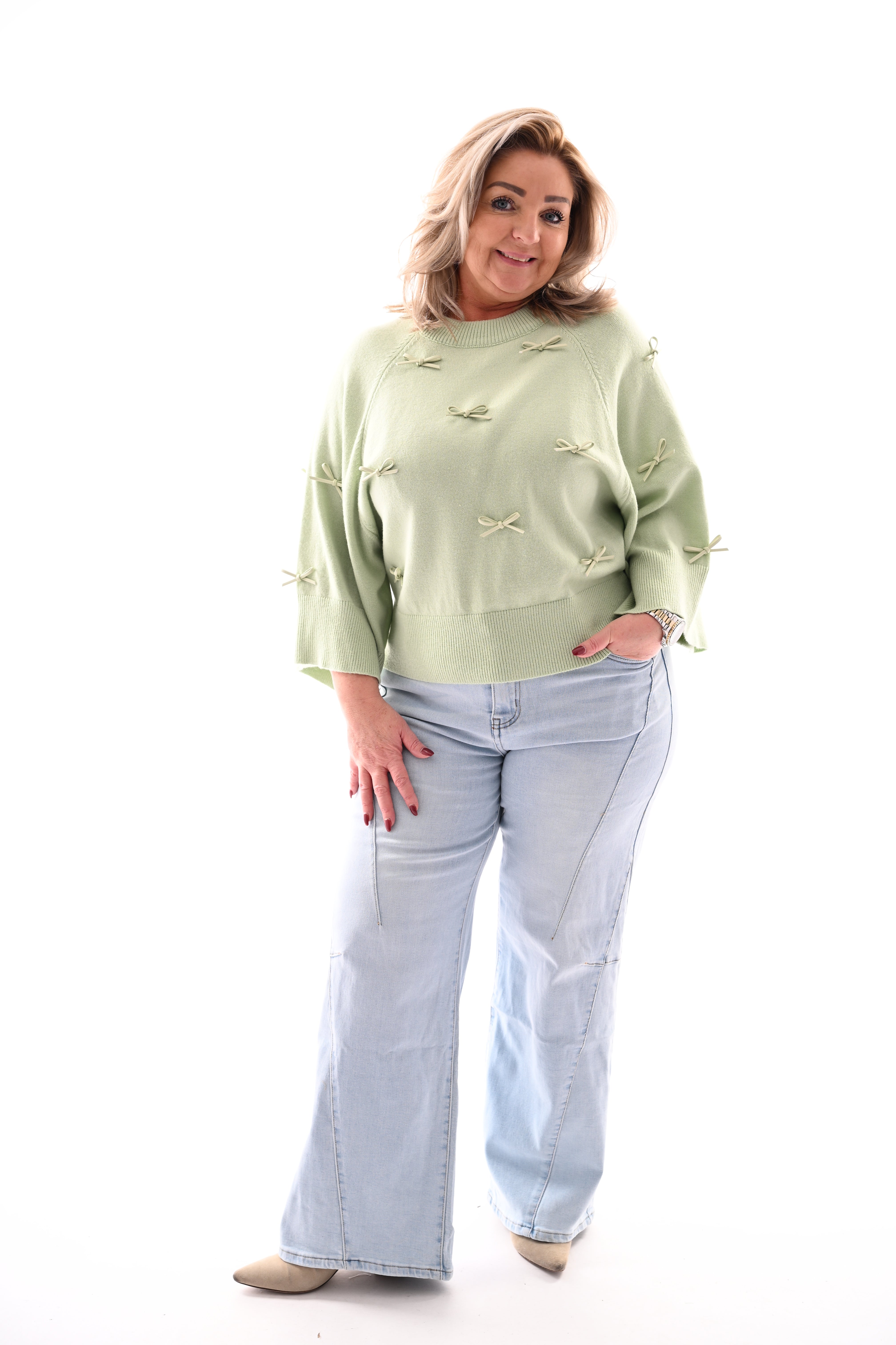 Trui 3/4e mouwen met strikjes pistache