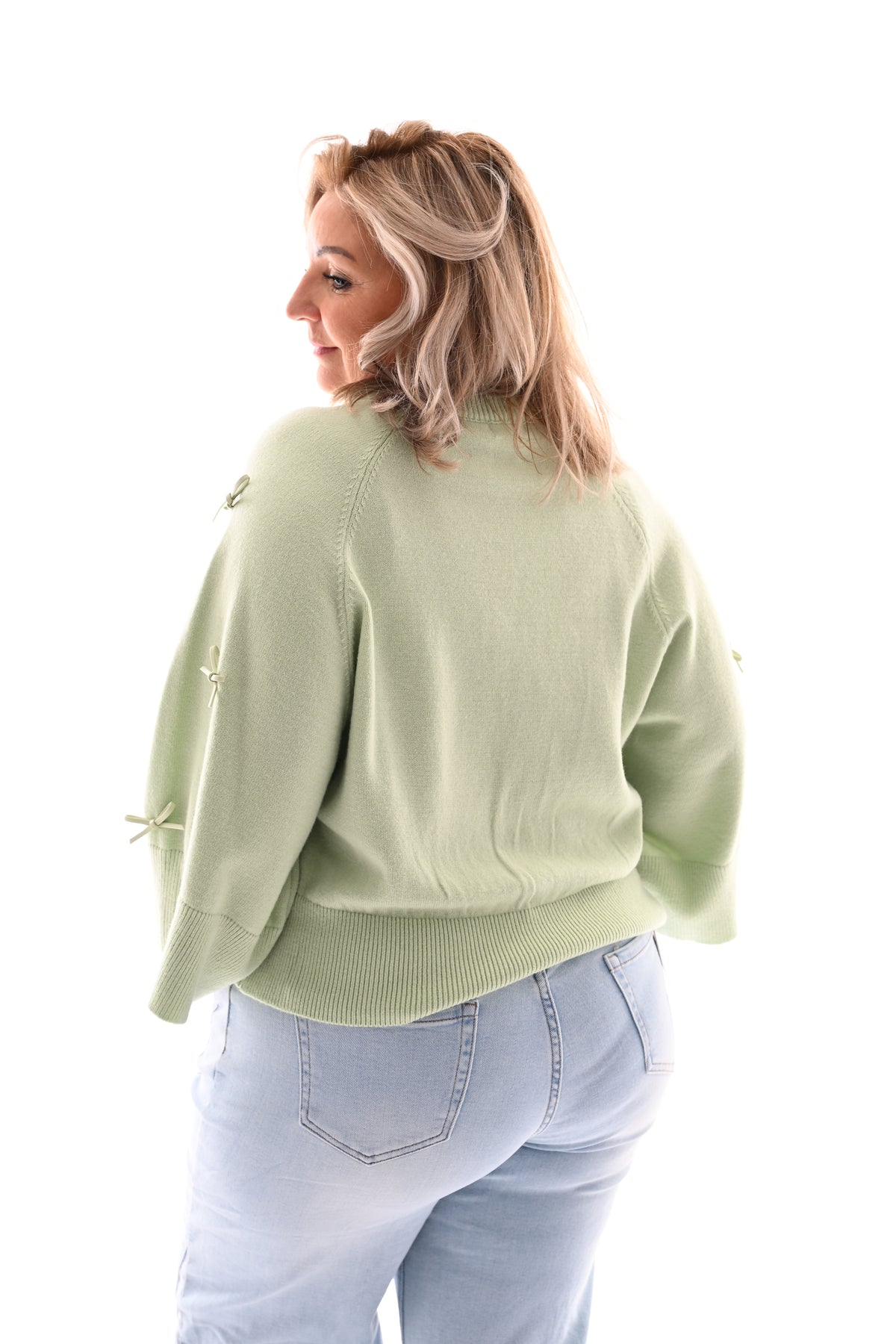 Trui 3/4e mouwen met strikjes pistache