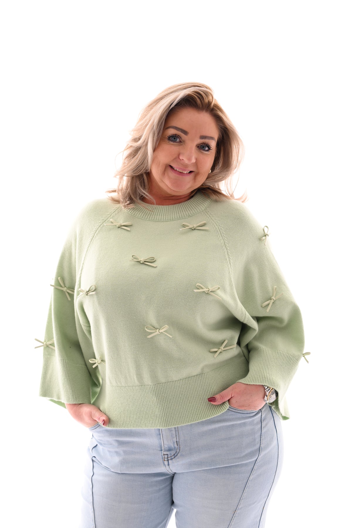 Trui 3/4e mouwen met strikjes pistache