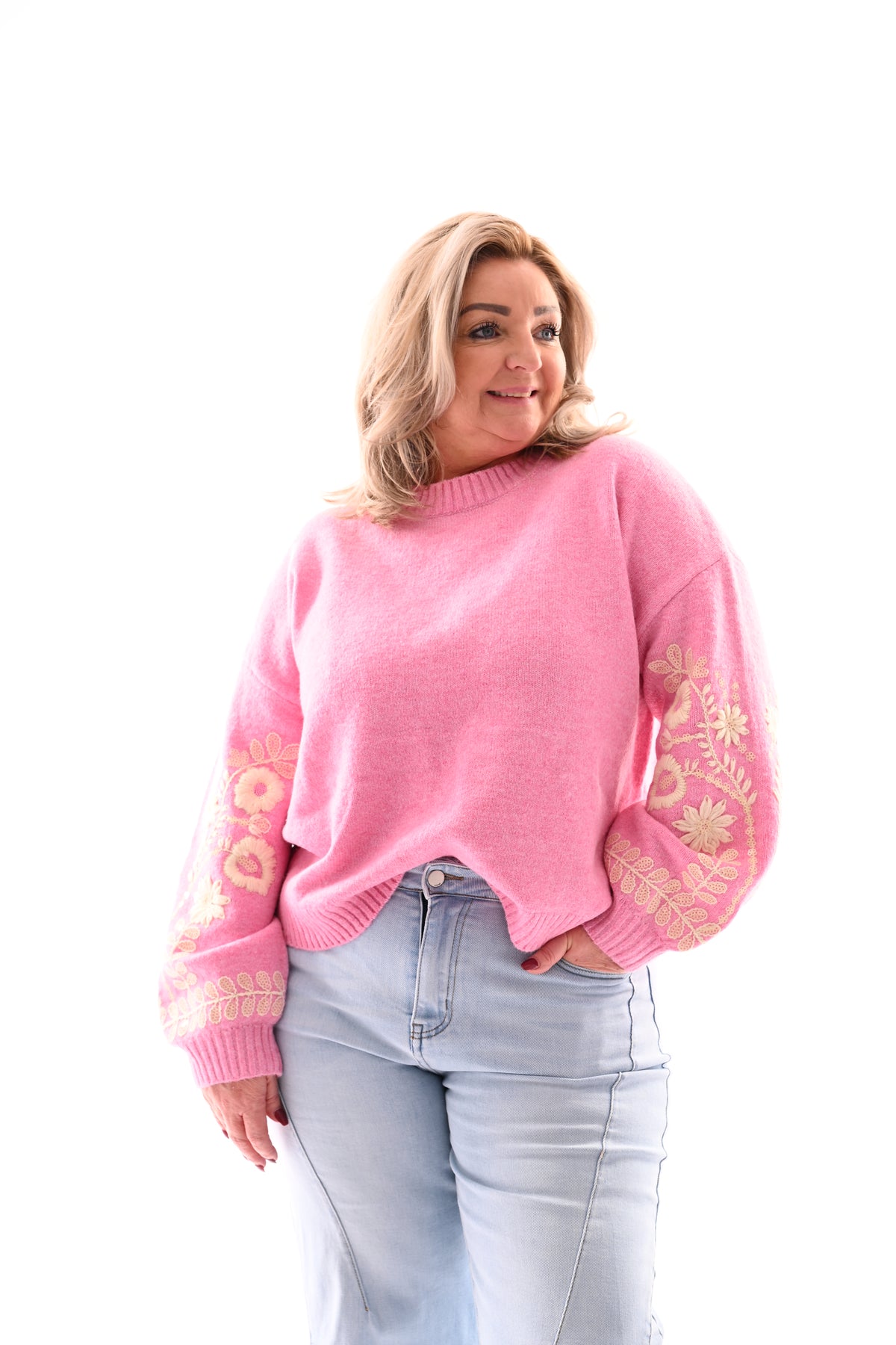 Fijn gebreide trui mouw detail roze