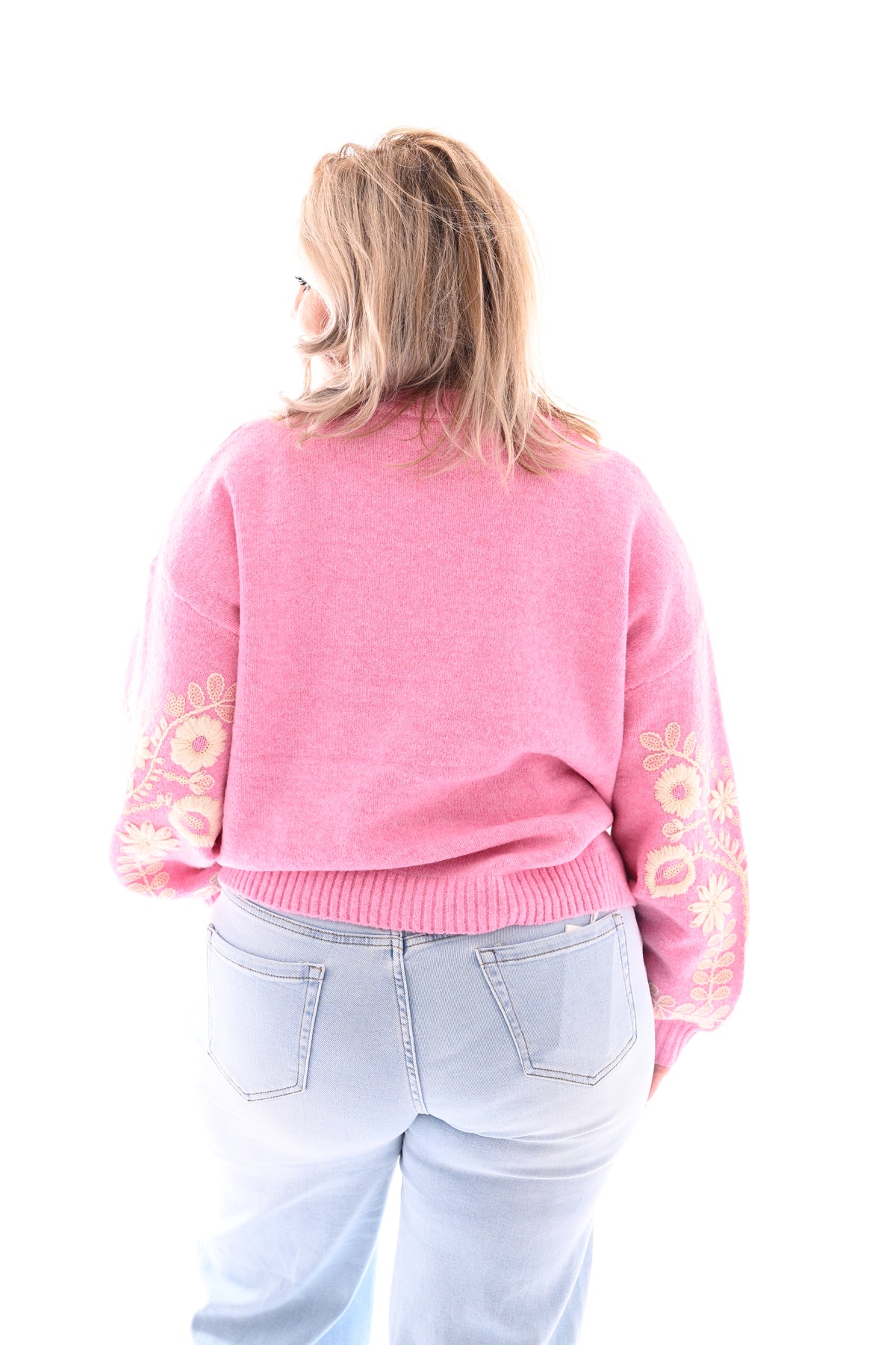 Fijn gebreide trui mouw detail roze