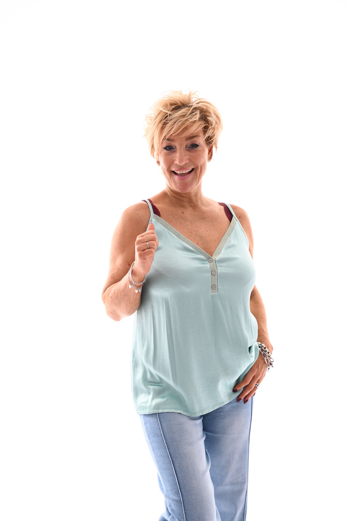 Silky hemdje met knoopjes en v-hals mintgroen