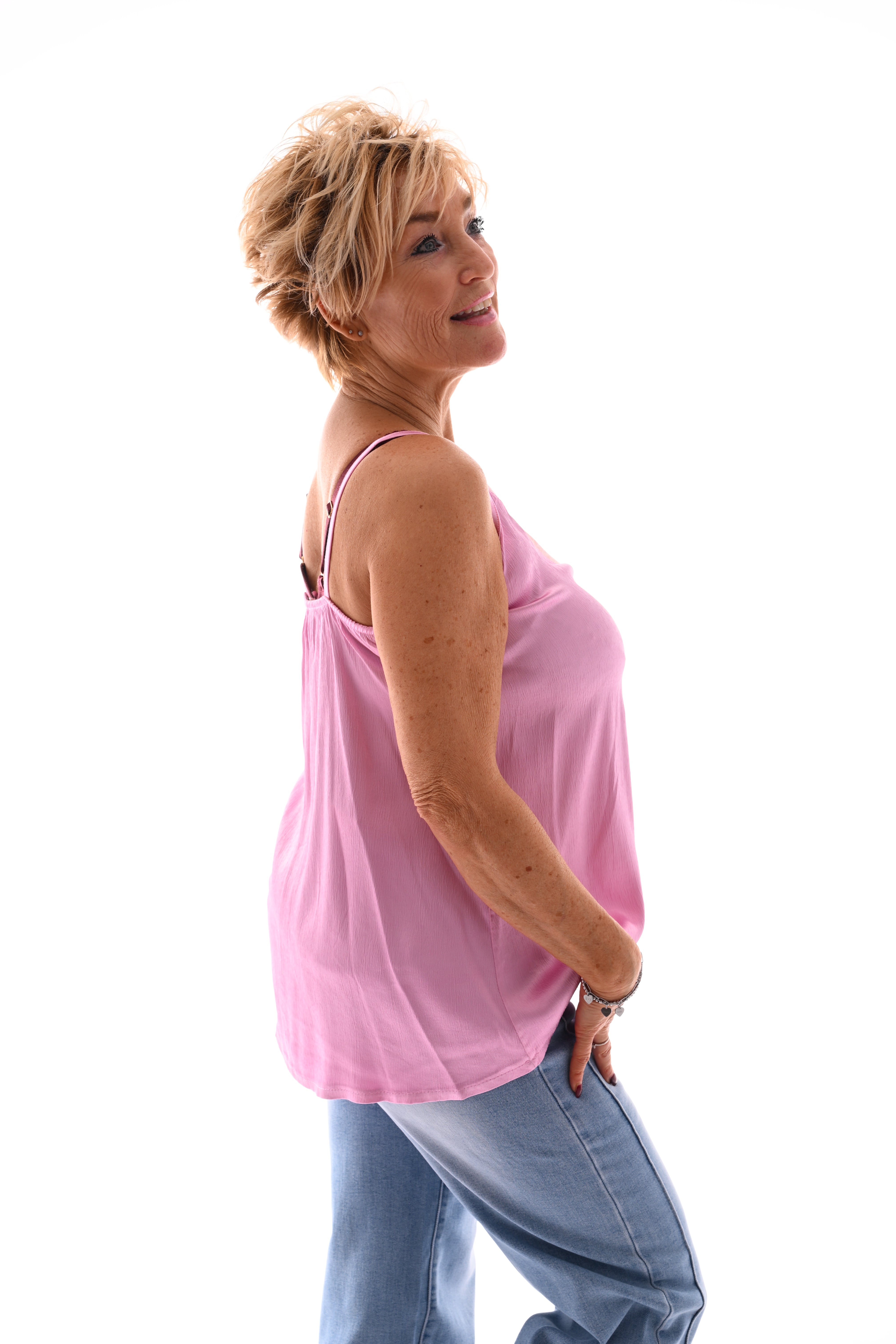 Silky hemdje met knoopjes en v-hals roze