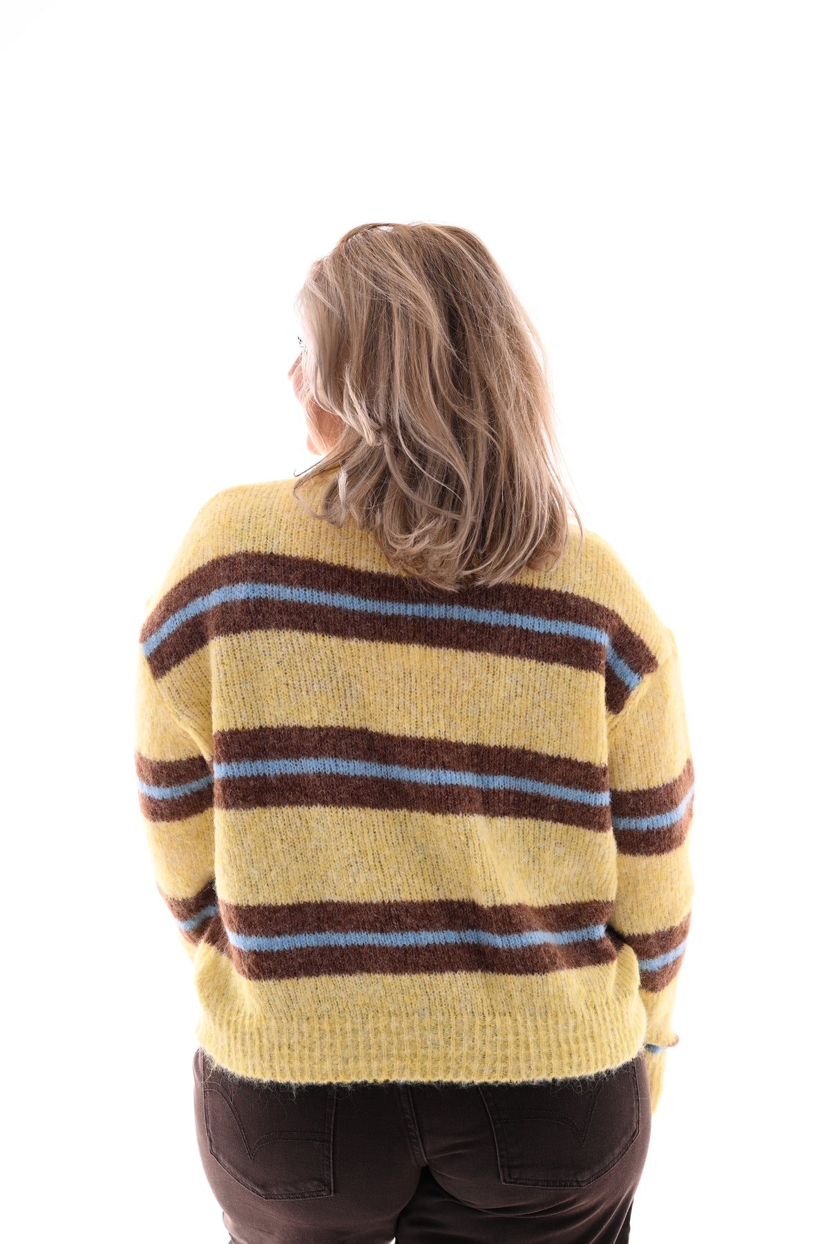 Fijn gebreide trui dubbele streep geel