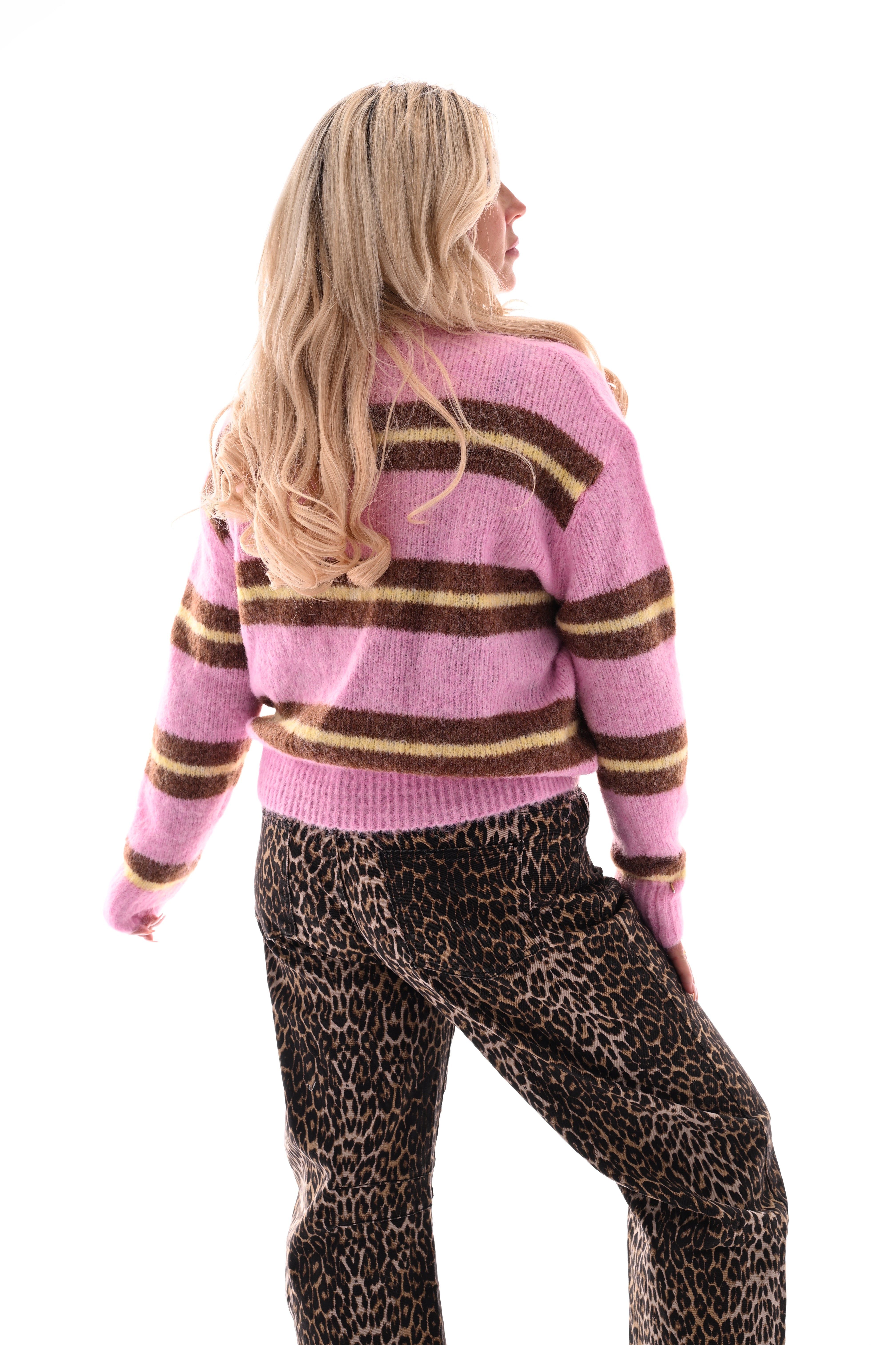 Fijn gebreide trui dubbele streep roze