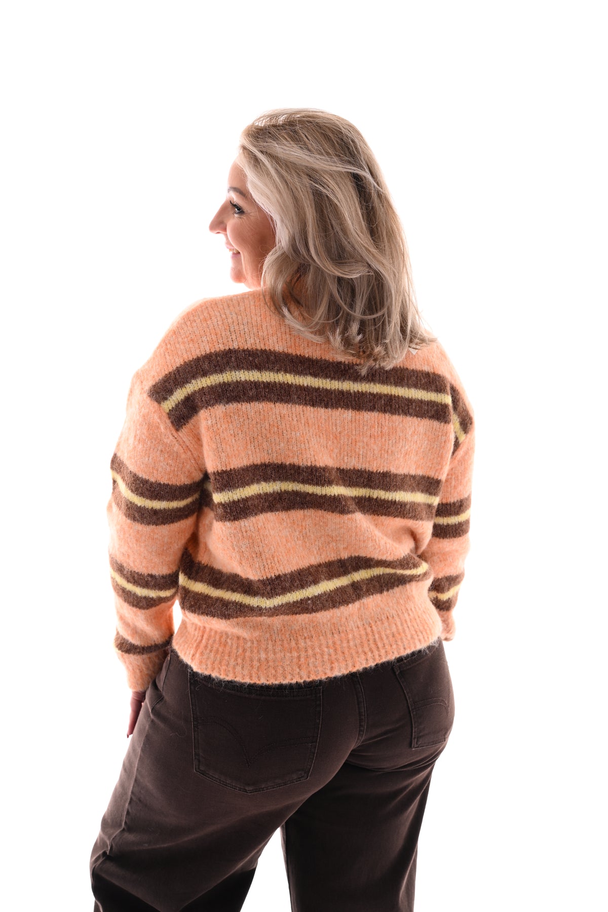 Fijn gebreide trui dubbele streep oranje