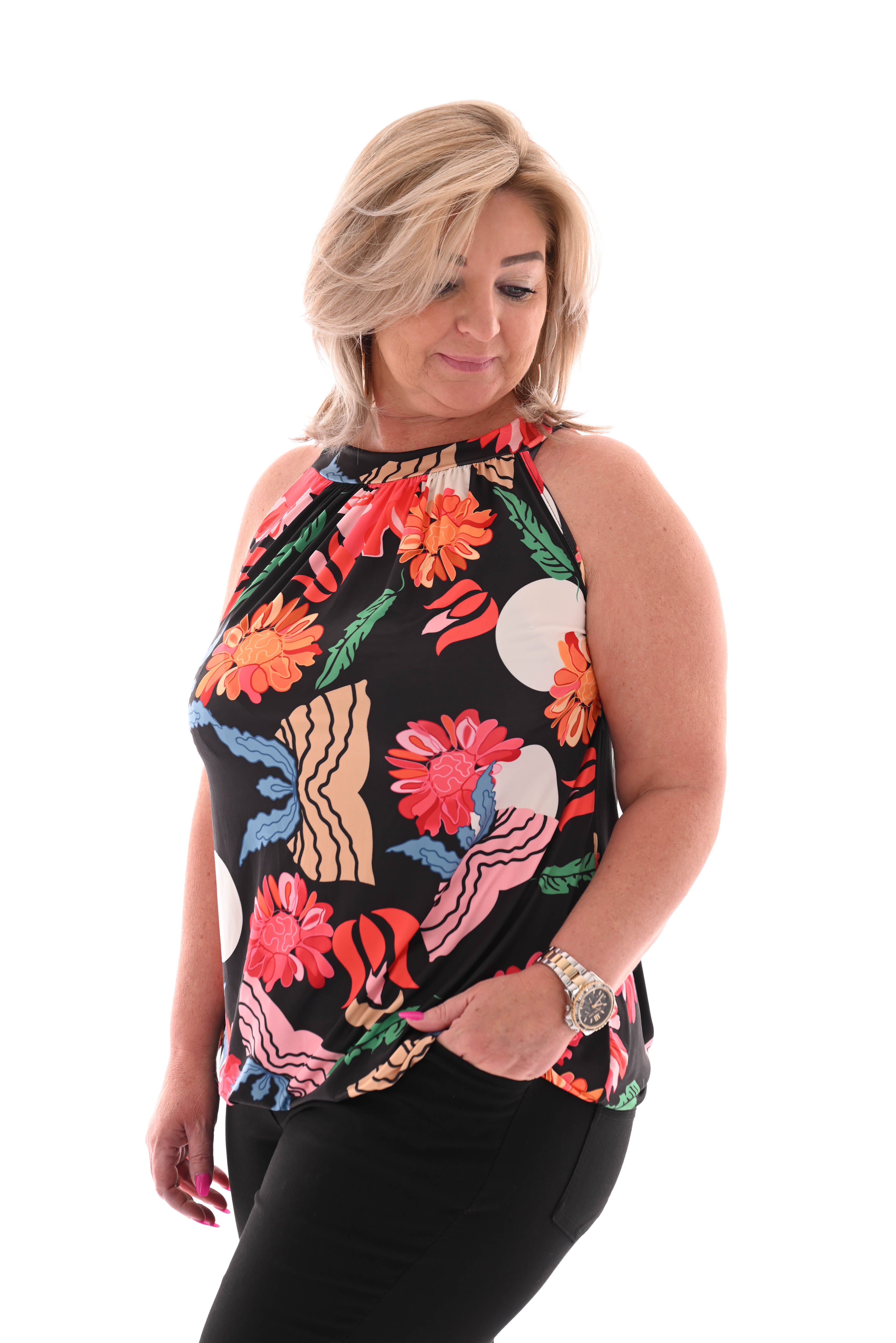 Halter top print bloemen zwart