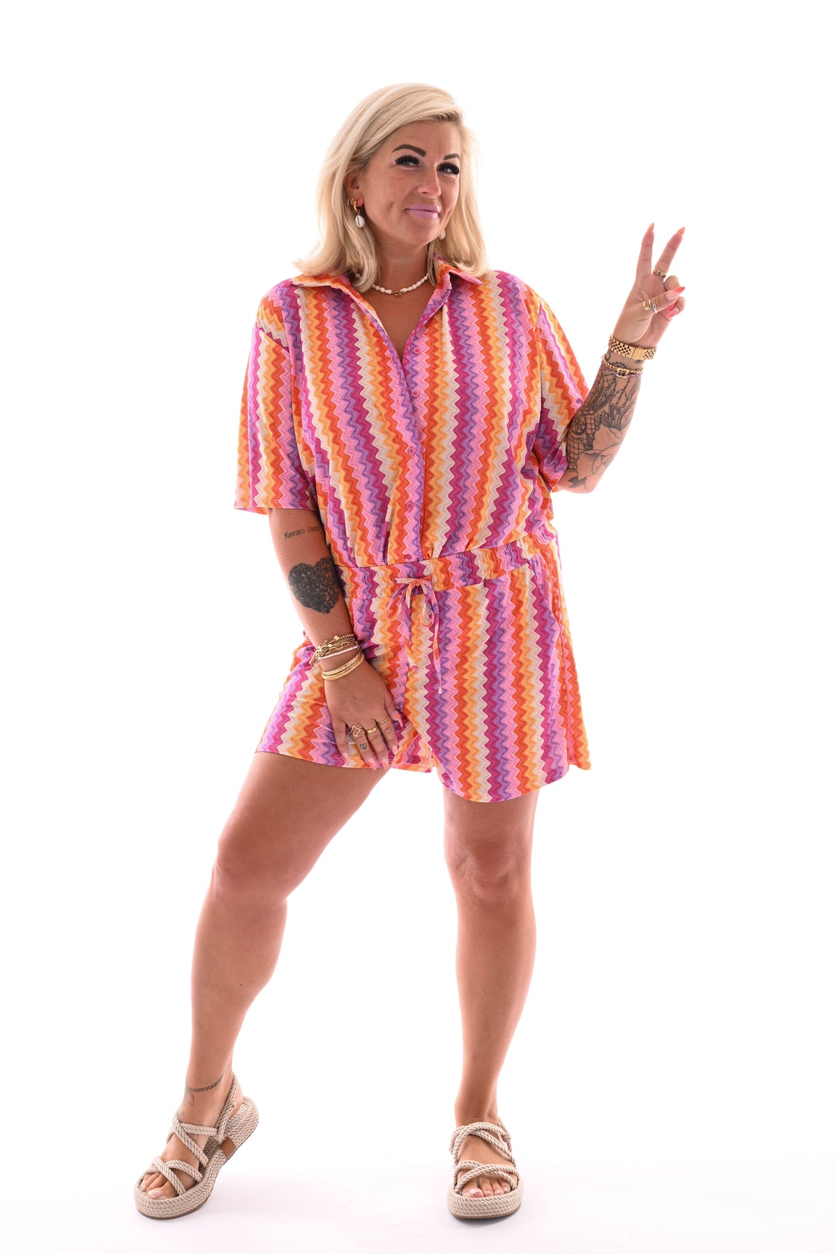 Twinset short zigzag patroon roze/geel