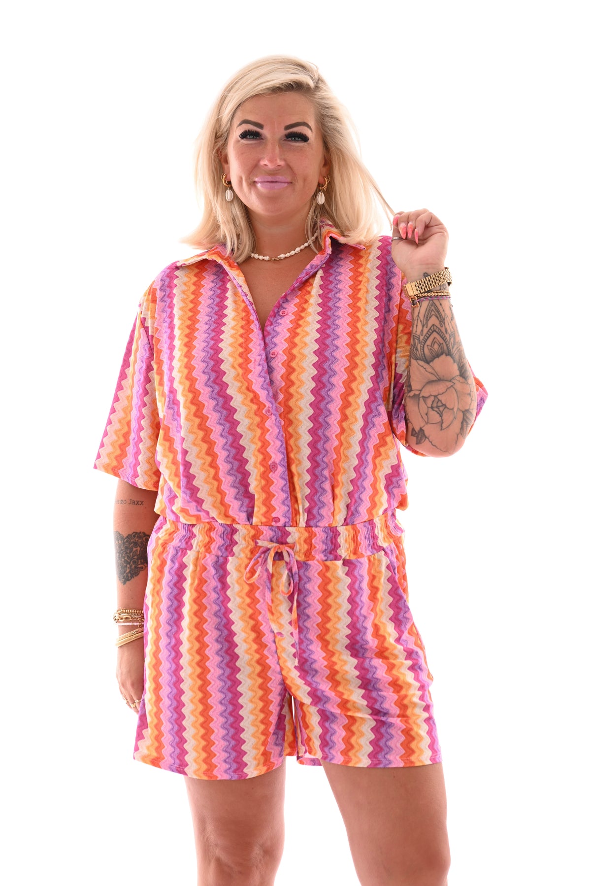 Twinset short zigzag patroon roze/geel
