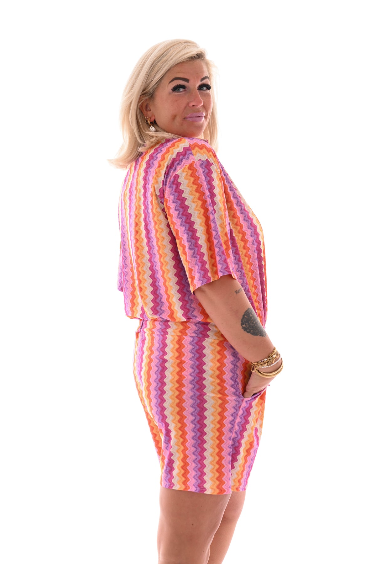 Twinset short zigzag patroon roze/geel