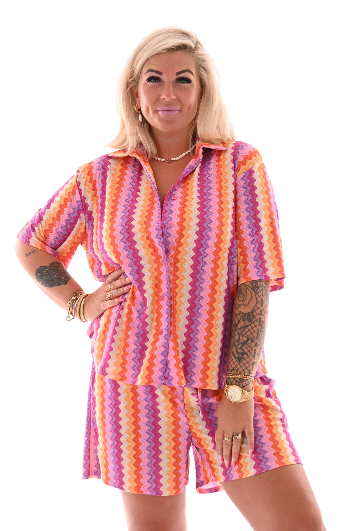 Twinset short zigzag patroon roze/geel