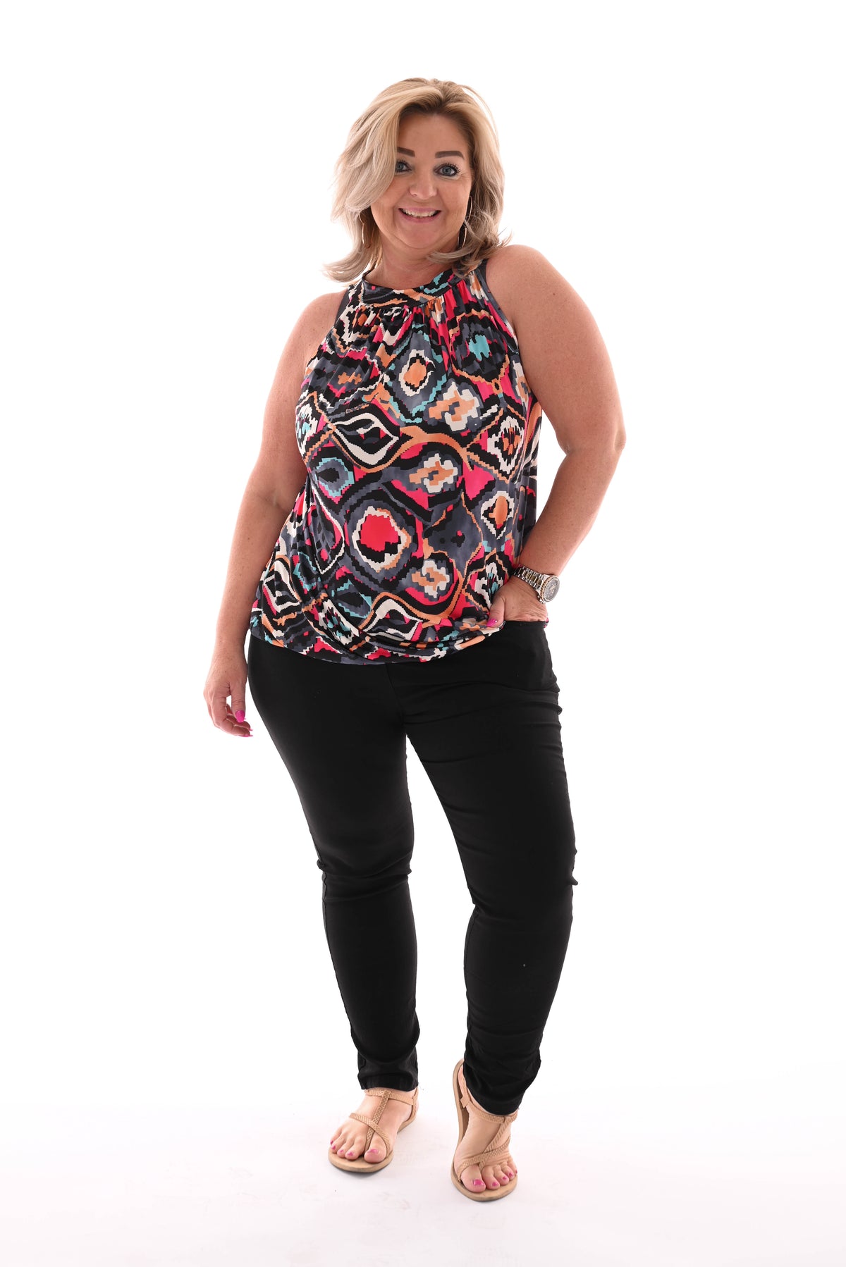 Halter top print wave patroon zwart/roze
