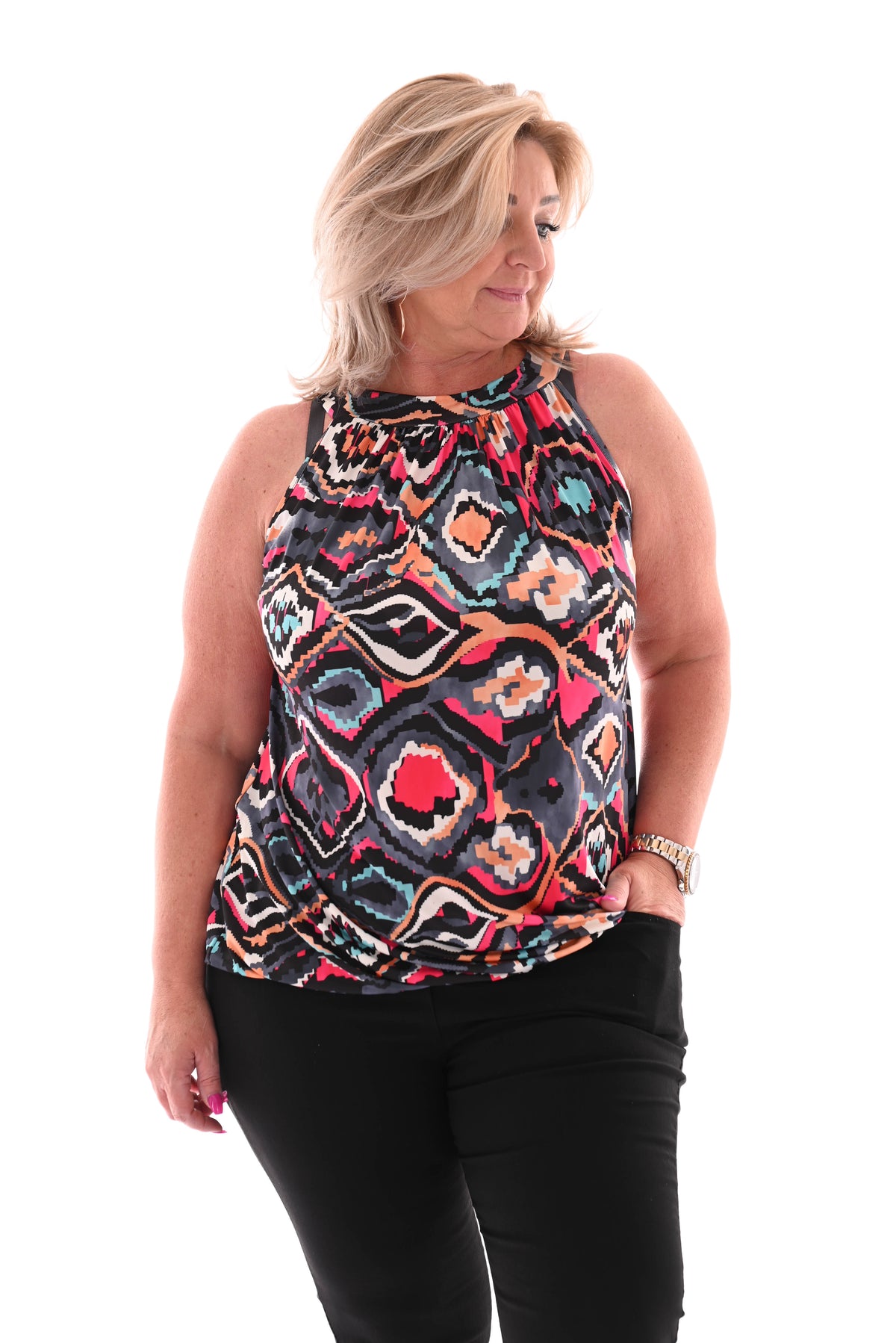 Halter top print wave patroon zwart/roze