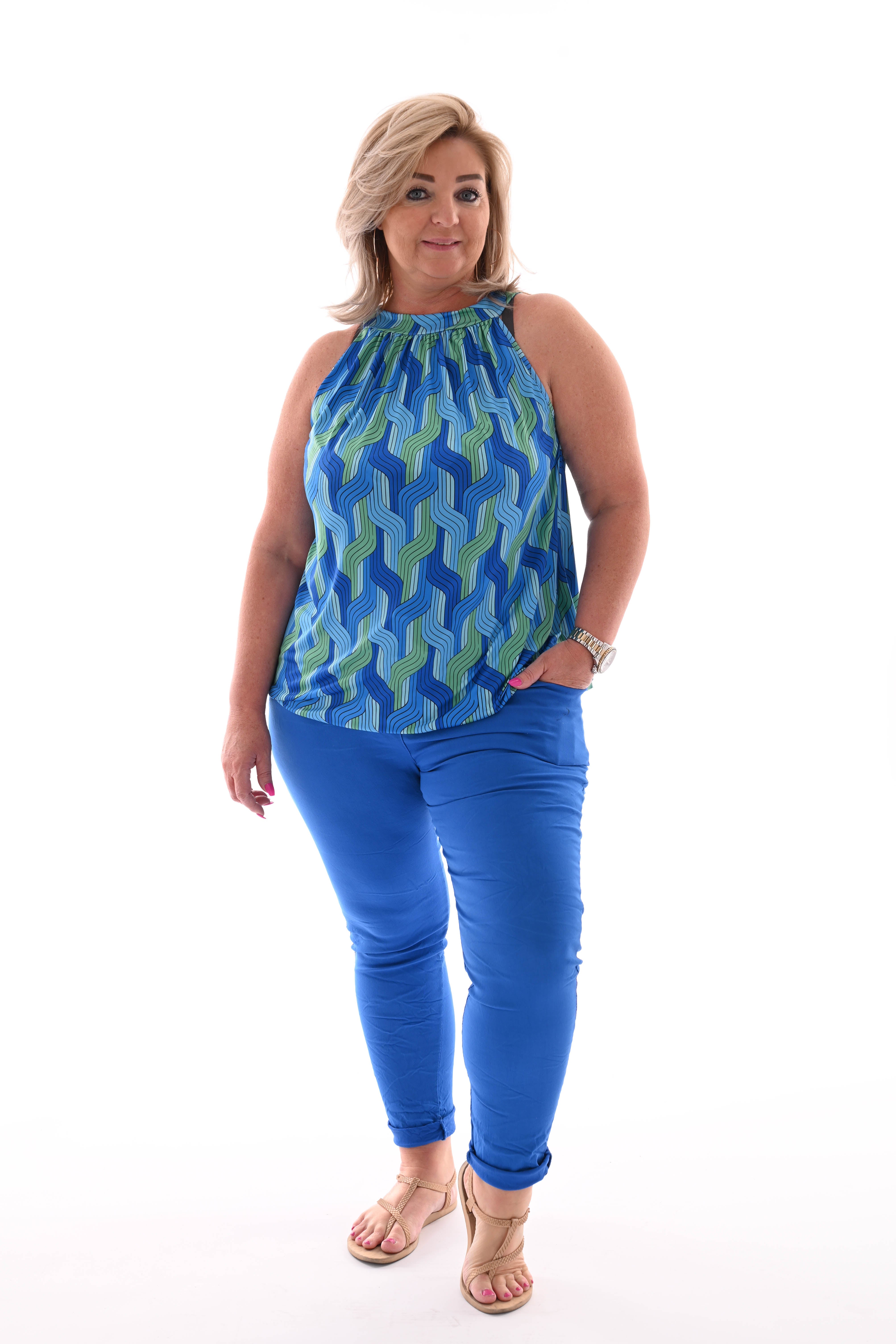 Halter top print weef kobaltblauw/groen