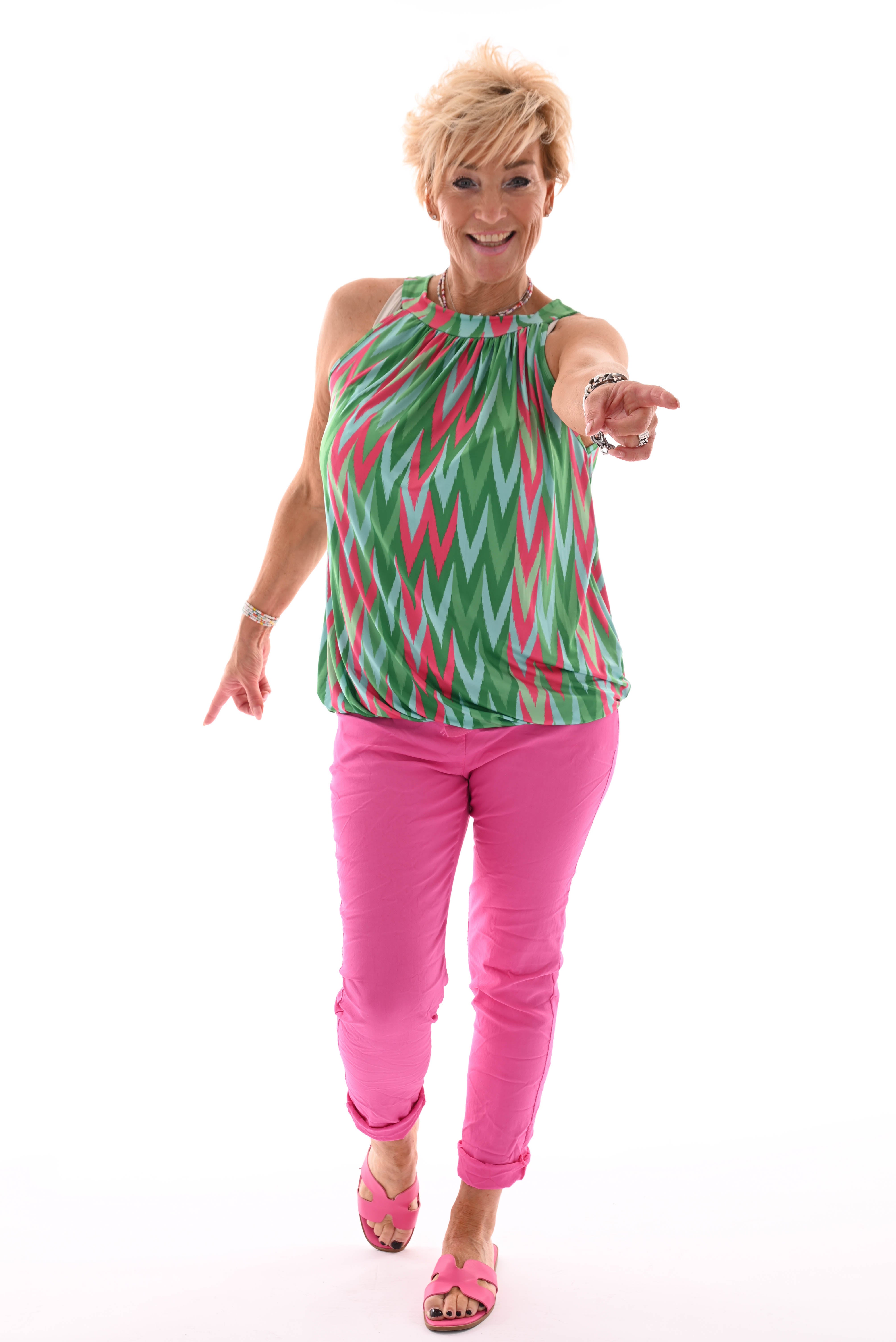 Halter top print zigzag groen/fuchsia