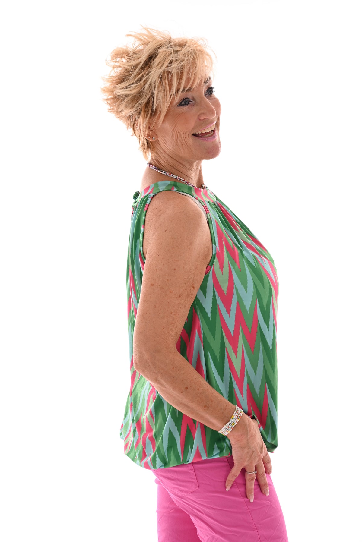 Halter top print zigzag groen/fuchsia
