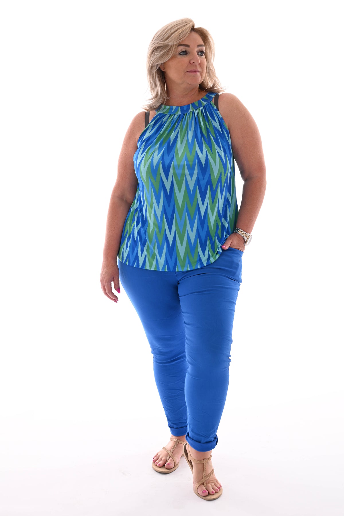 Halter top print zigzag kobaltblauw/groen