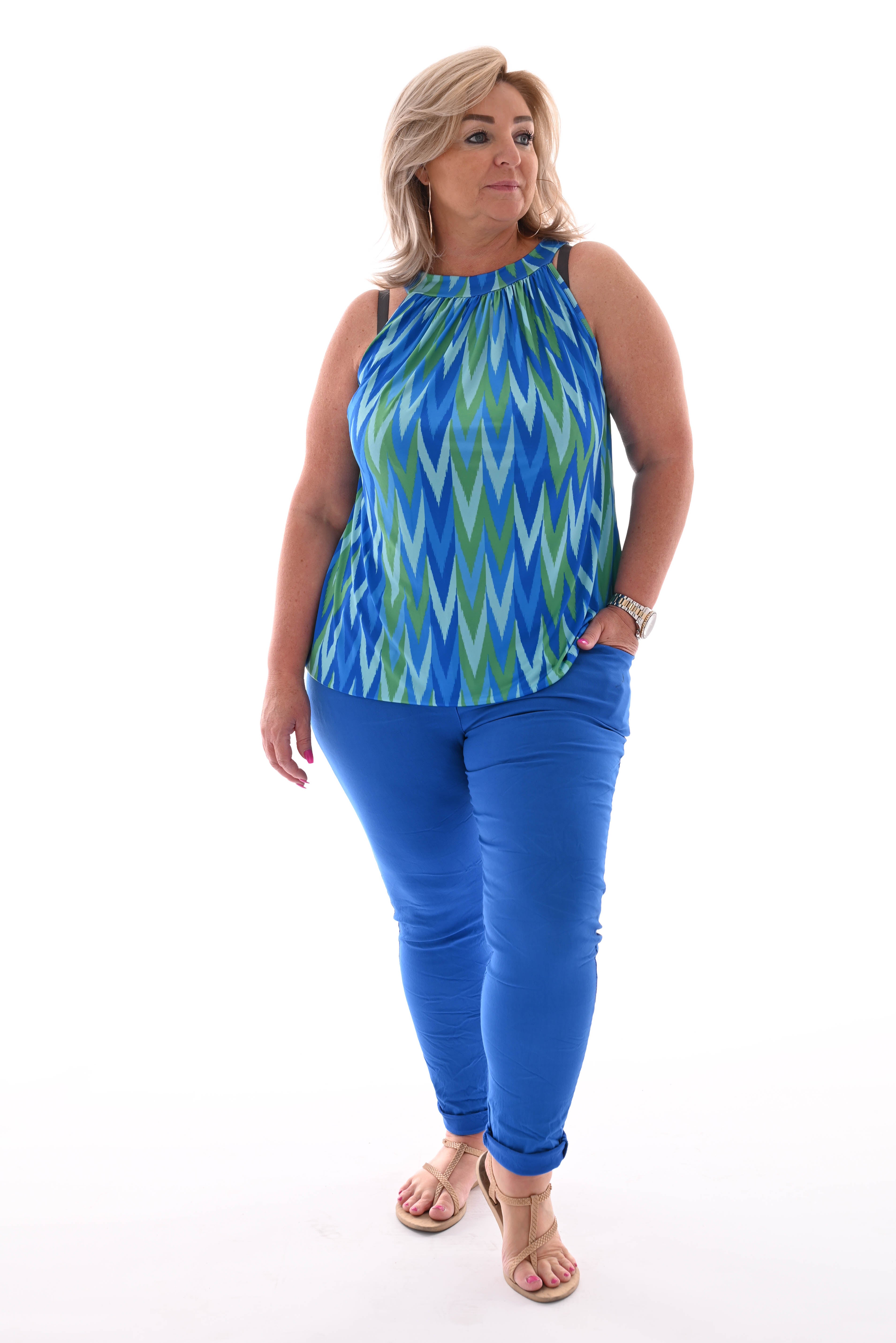Halter top print zigzag kobaltblauw/groen