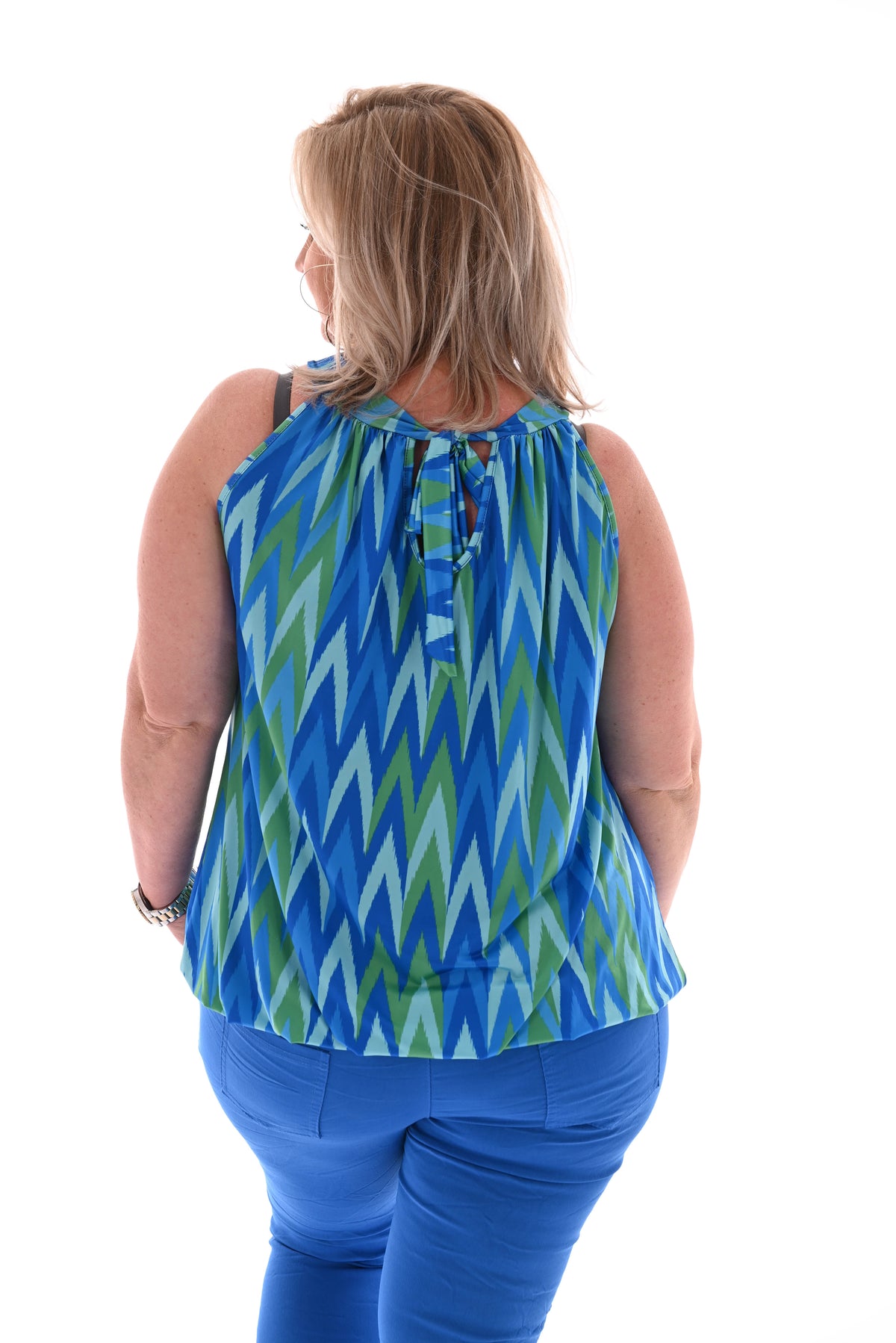 Halter top print zigzag kobaltblauw/groen