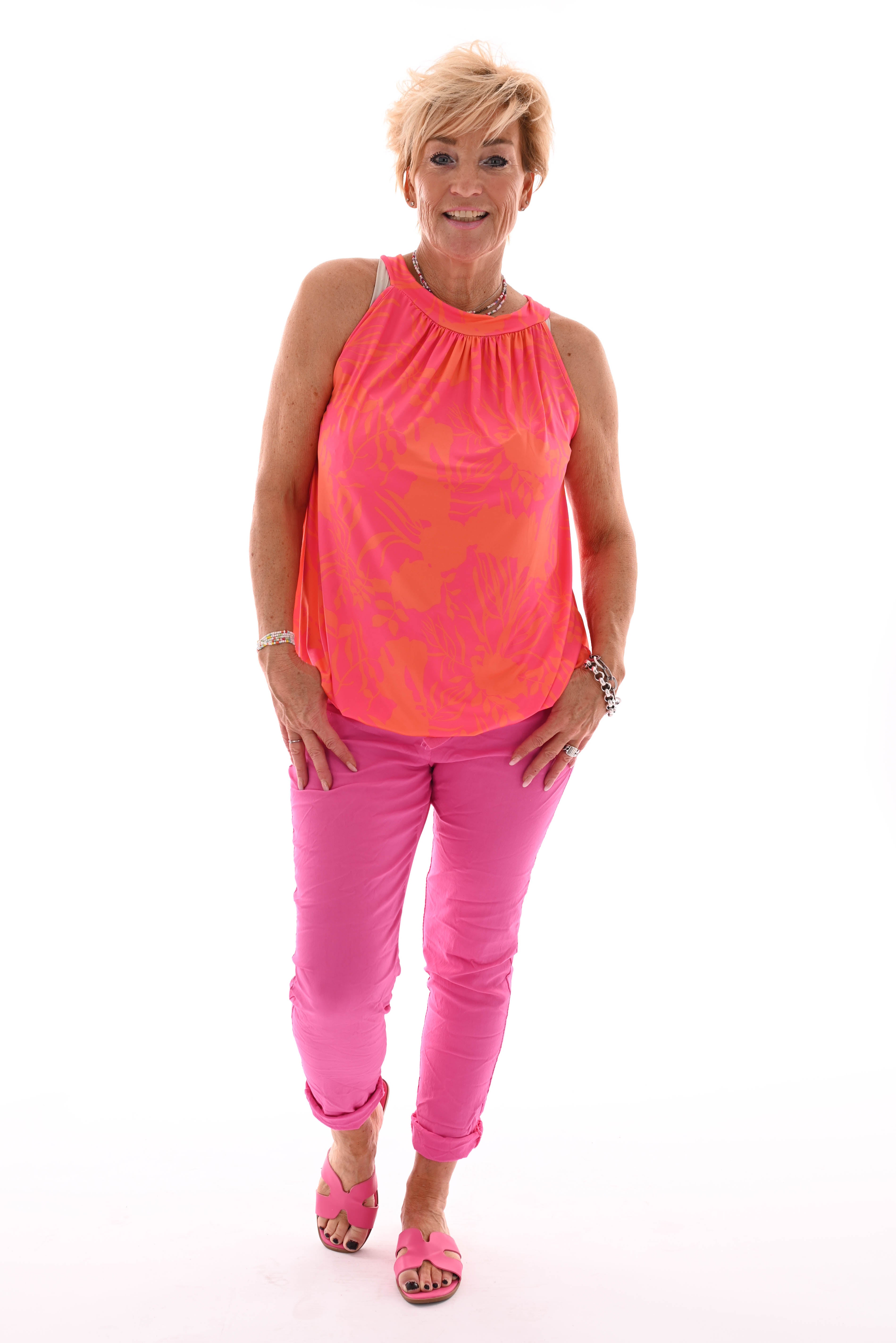 Halter top print bladeren roze/oranje