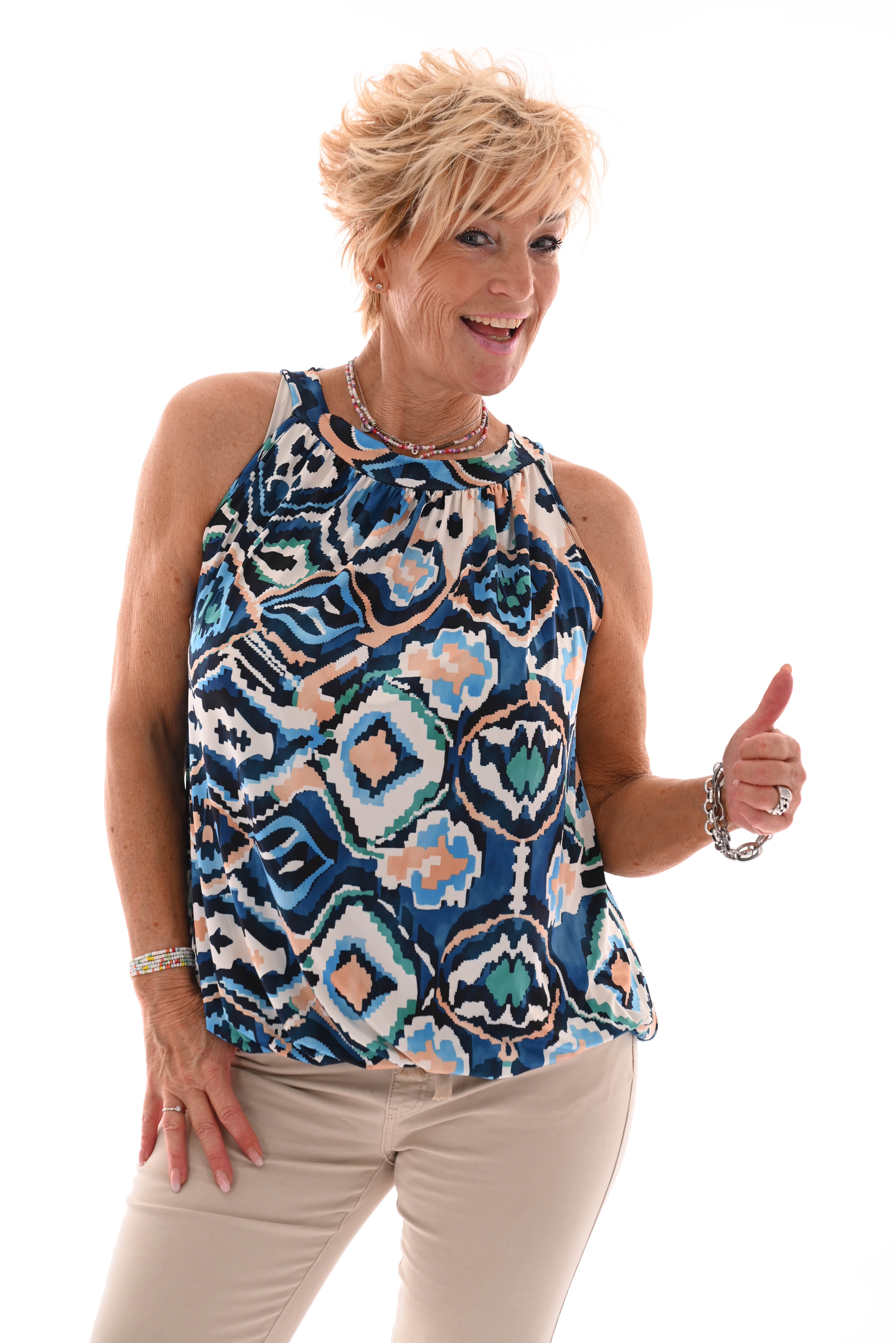Halter top print wave patroon marineblauw/groen