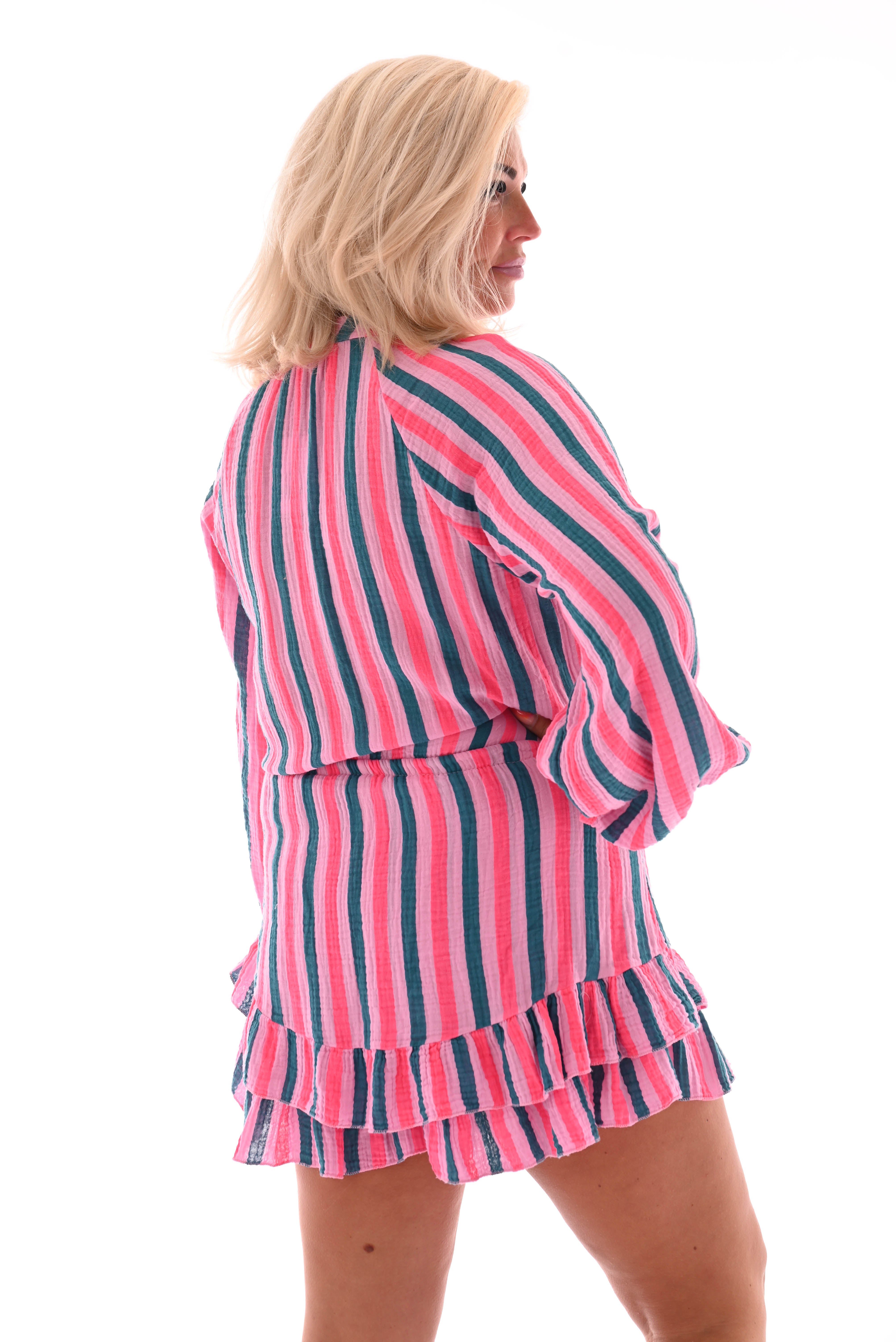 Playsuit wafel gestreept lichtroze/patrol