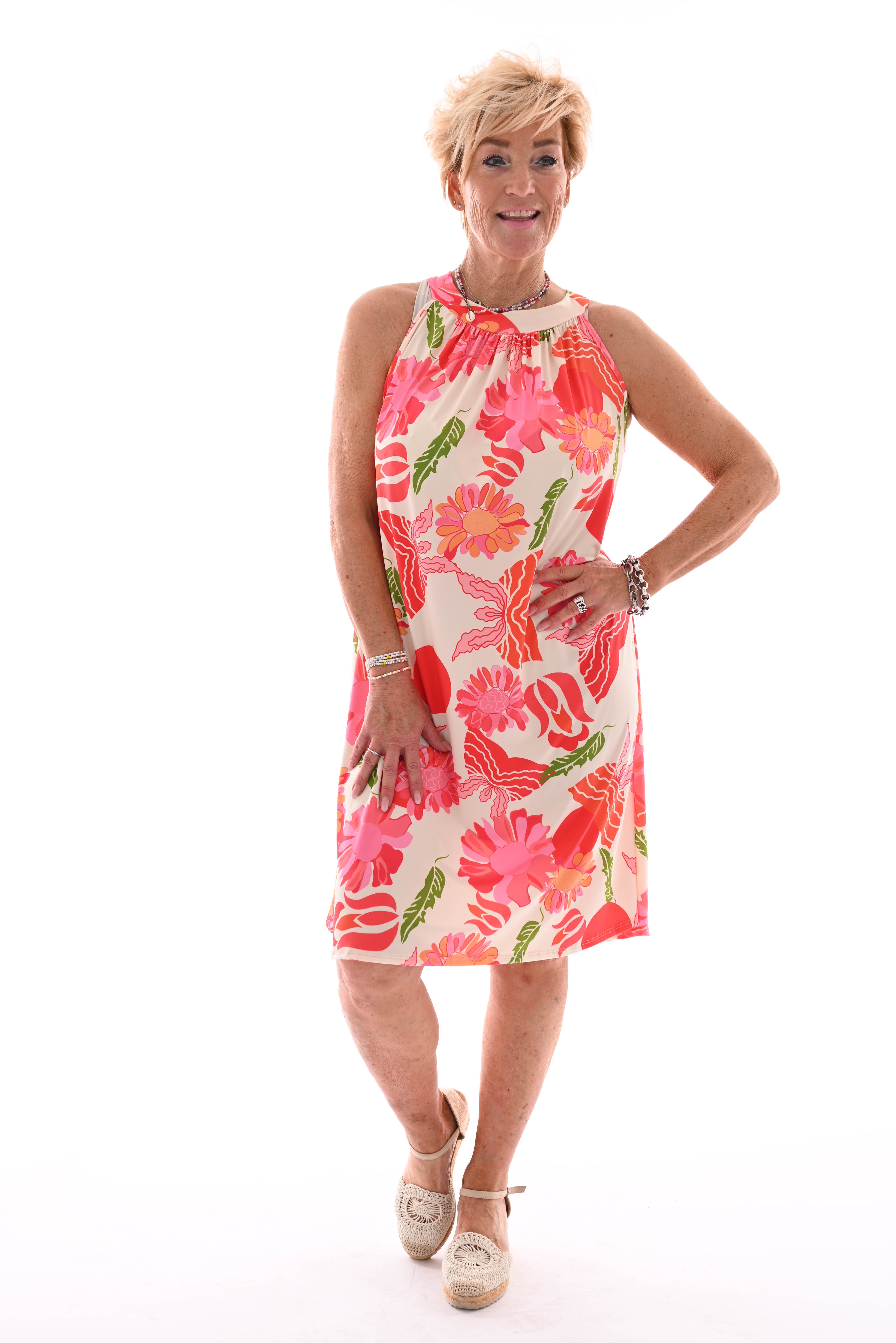 Halter jurk print bloemen creme