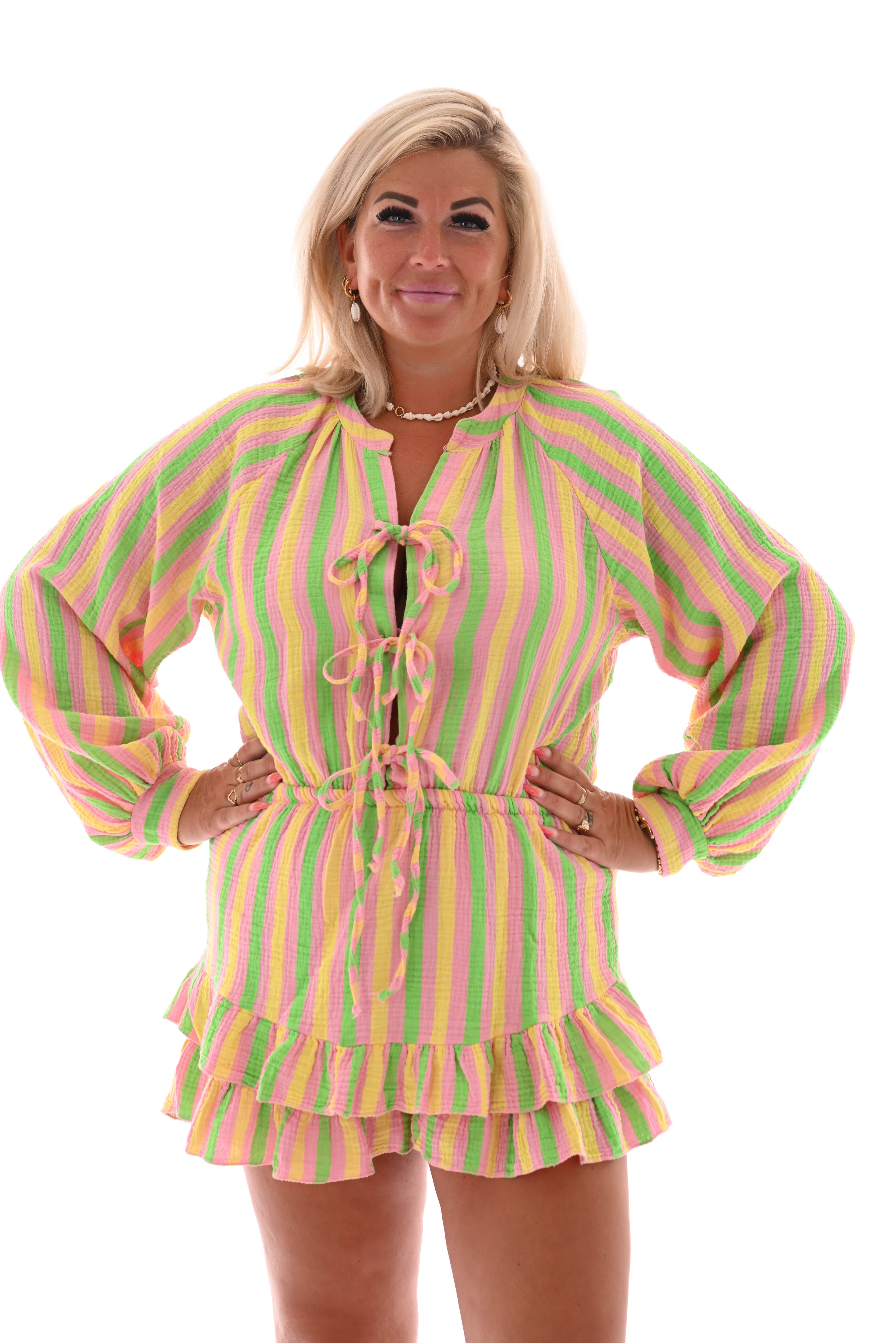 Playsuit wafel gestreept lichtroze/geel