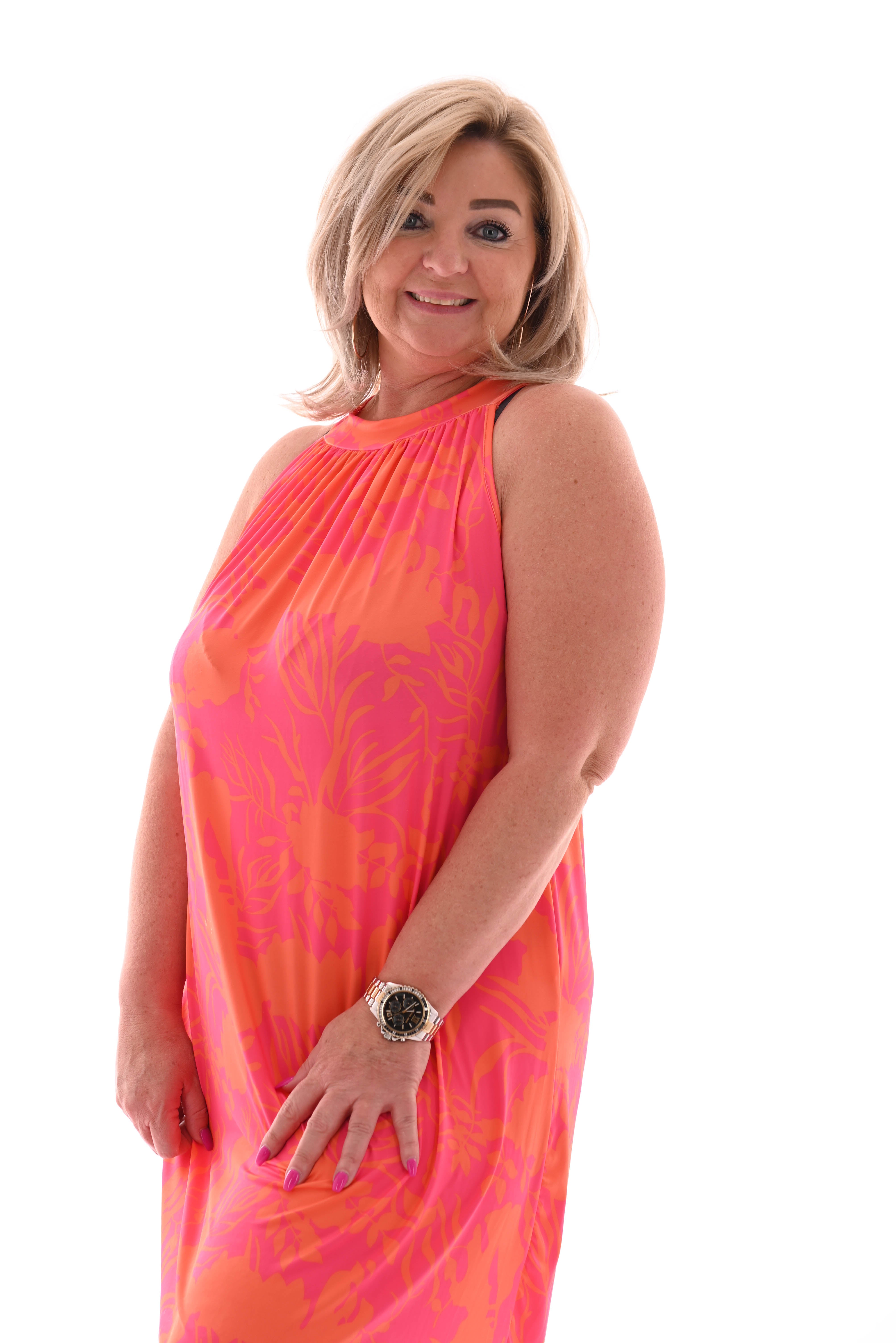 Halter jurk print bladeren roze/oranje