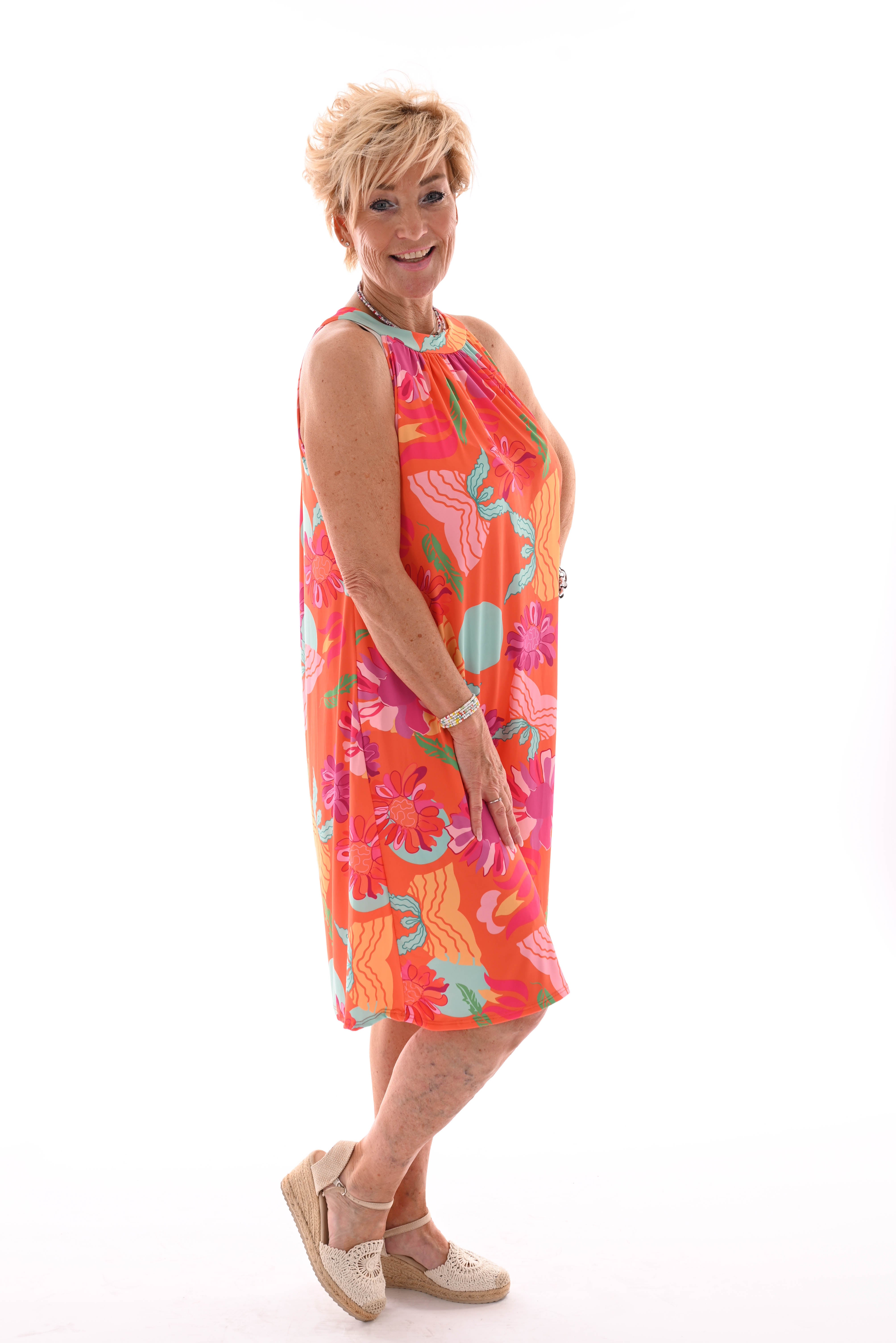 Halter jurk print bloemen oranje