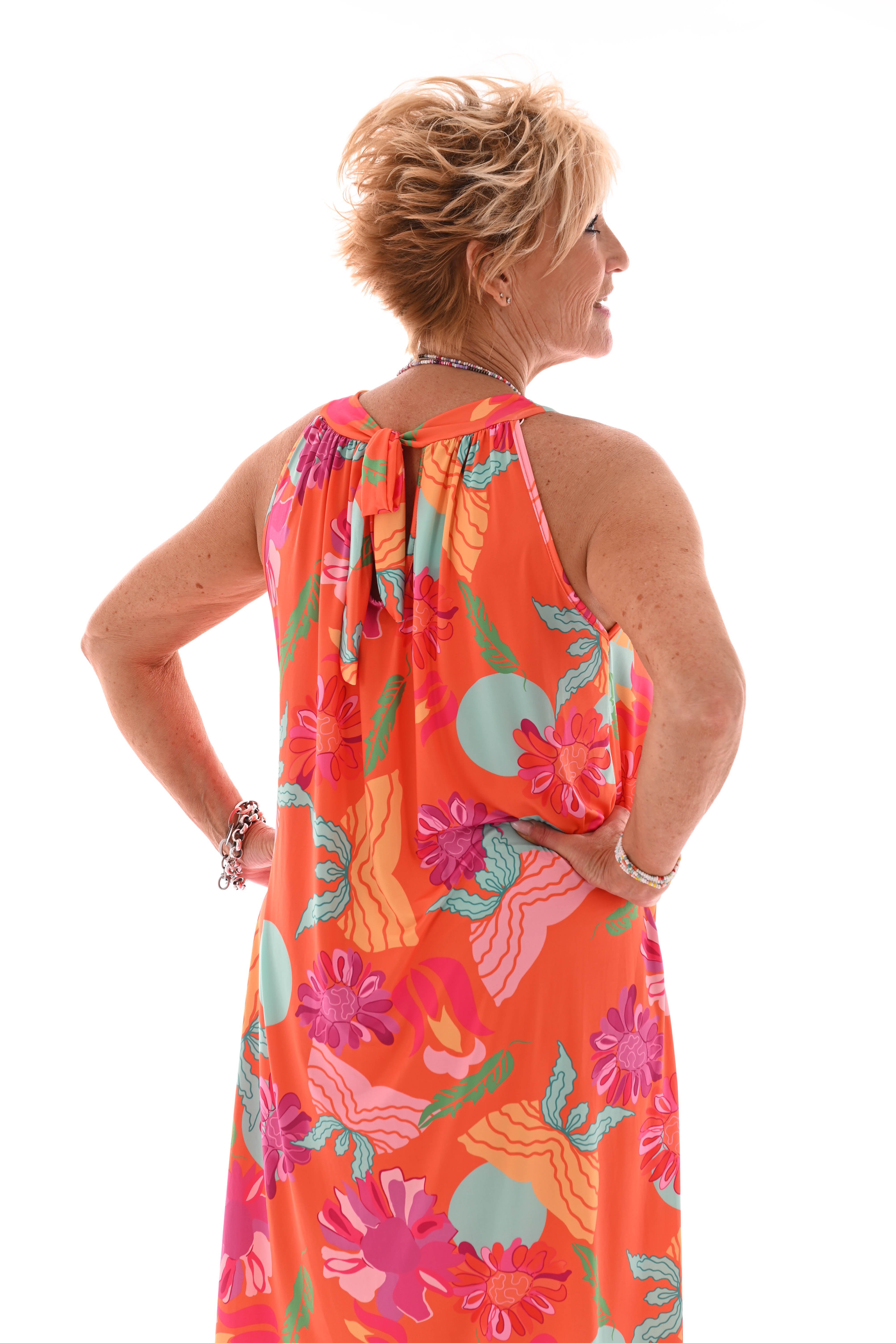 Halter jurk print bloemen oranje
